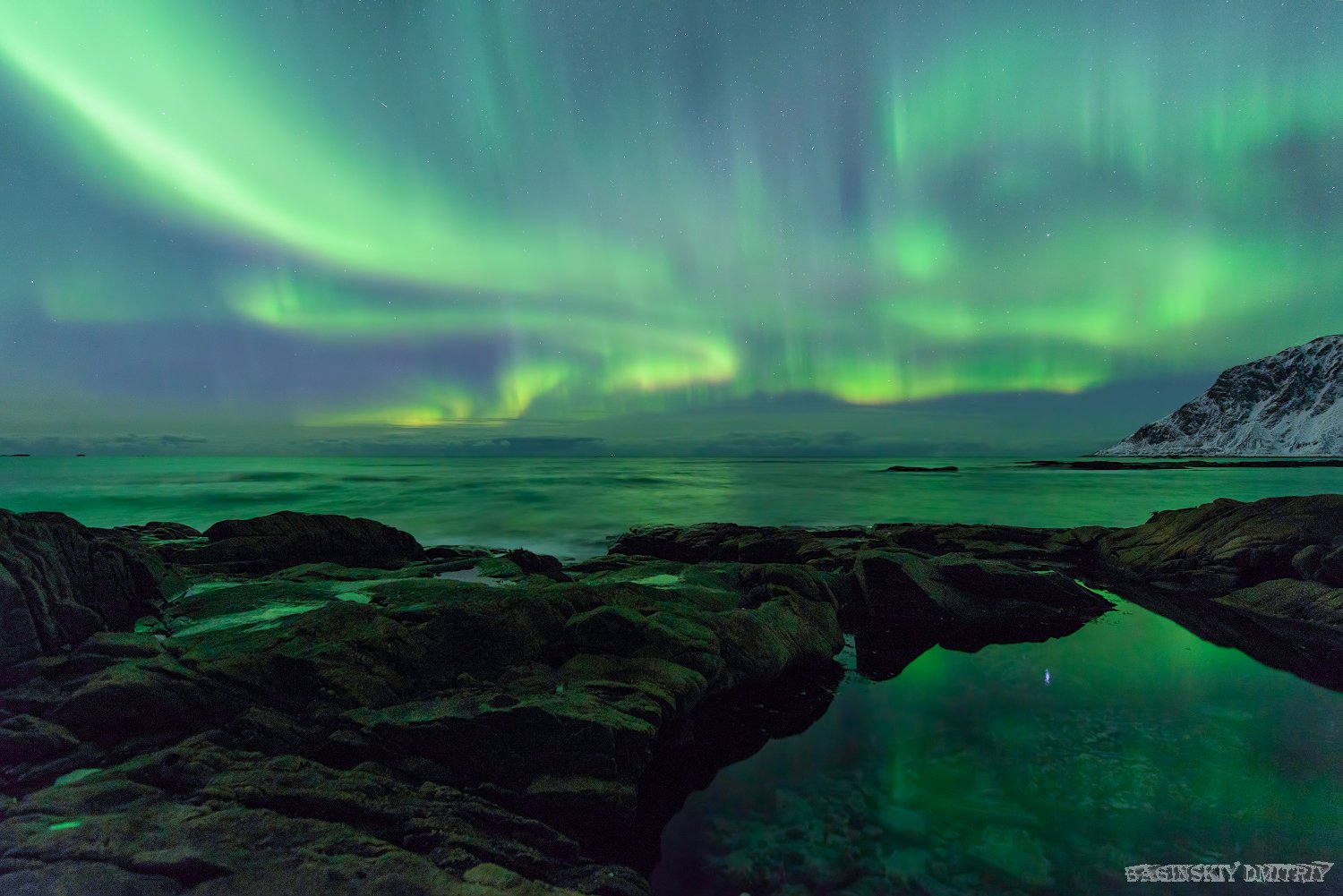 полярное сияние, ночь, небо, звезды, пляж, норвегия, Dmitriy  Baginskiy