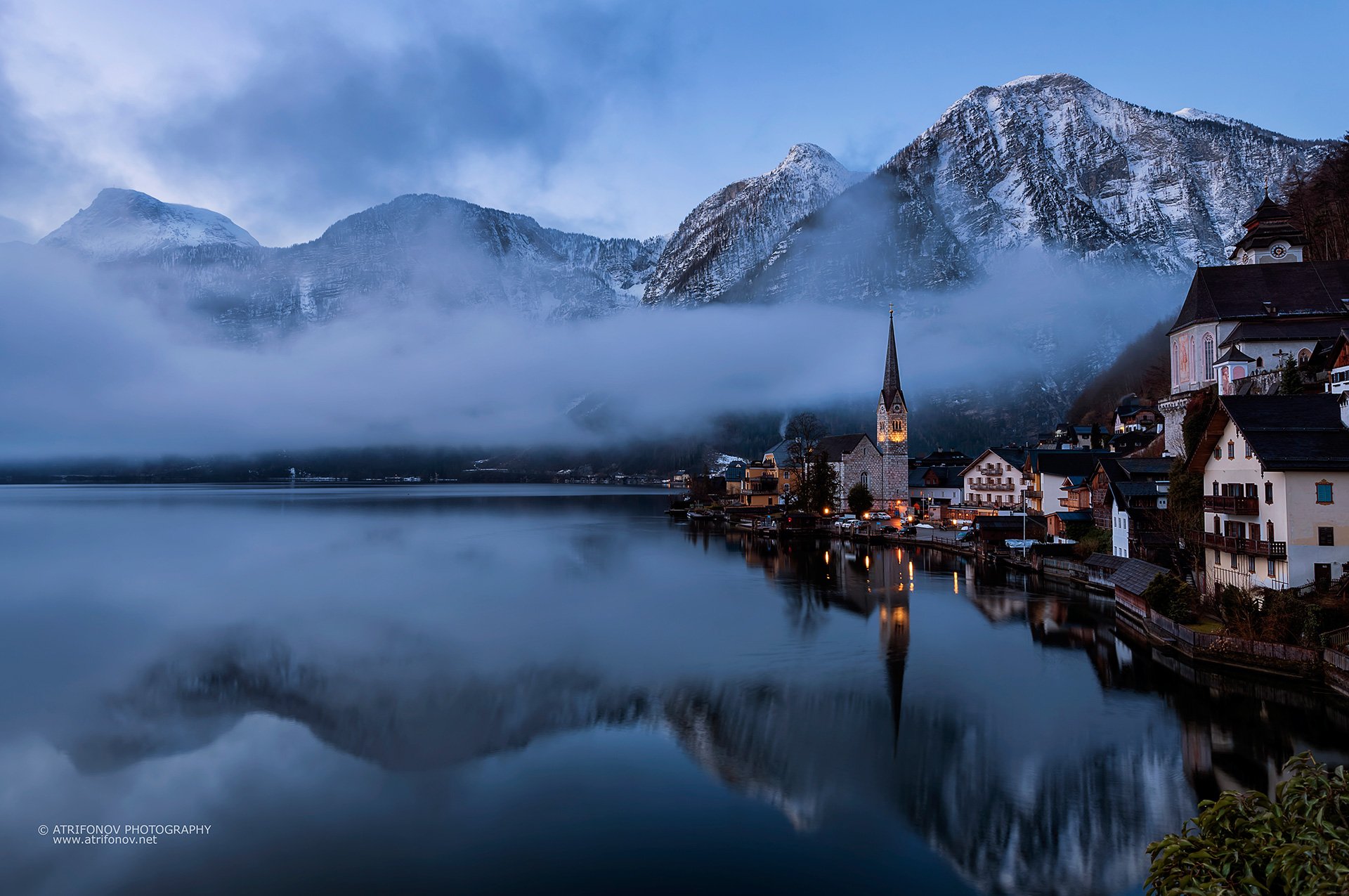Hallstatt, Austria, village, fog, dreams, lake, alps, mountain, winter, church, lights, travel, Andrey Trifonov