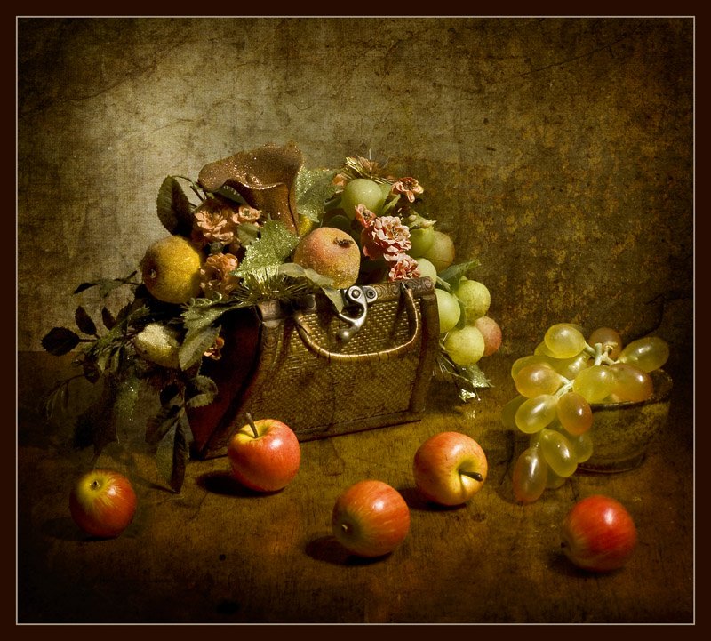 натюрморт, виноград, яблоки, сундучок, цветы, funtry