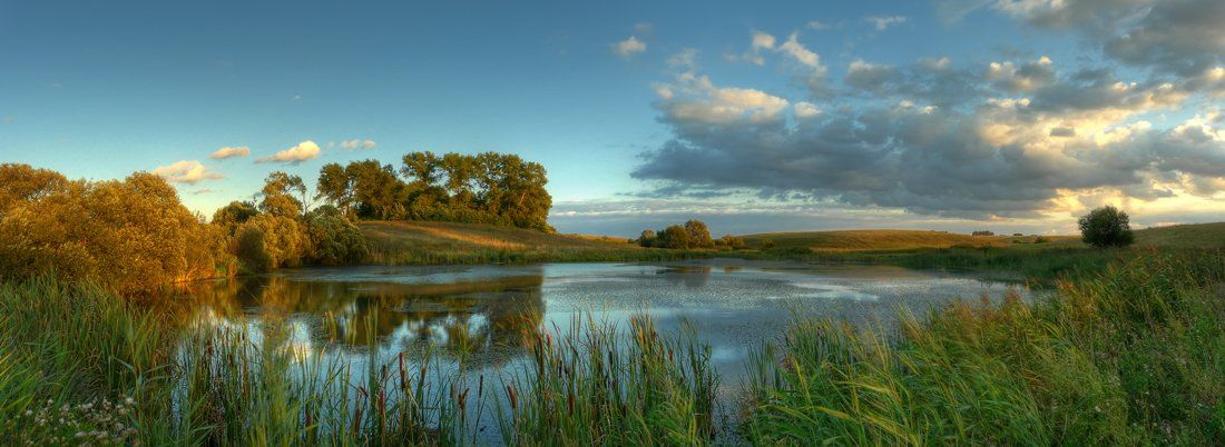 пейзаж, панорама, пруд, облака, закат, DAN