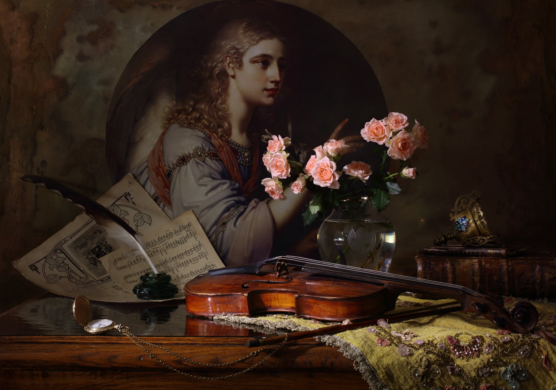 цветы, скрипка, розы, ангел, Андрей Морозов