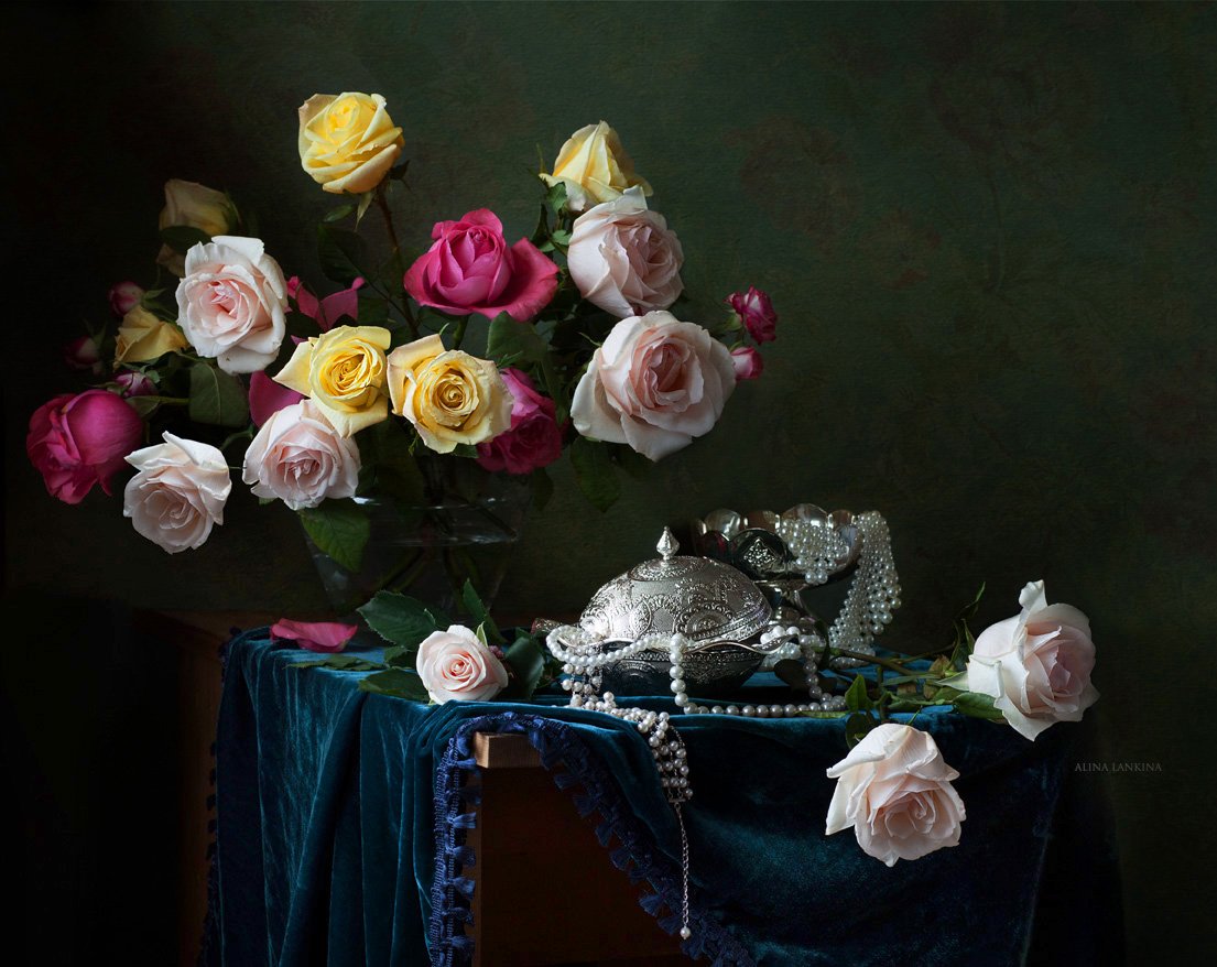 натюрморт, цветы, розы, посуда, серебро, жемчуг, алина ланкина, букет, фотонатюрморт, Алина Ланкина