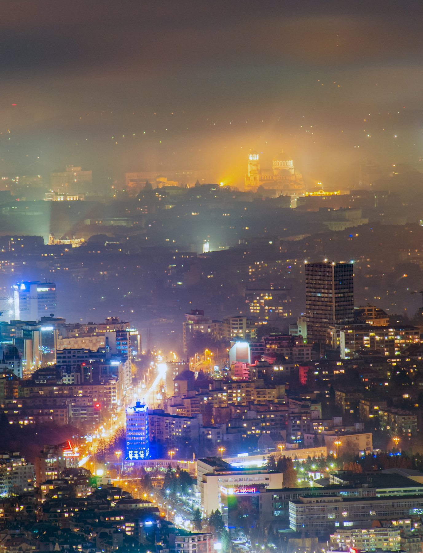 city, night, fog, lights, architecture, Иван Димитров