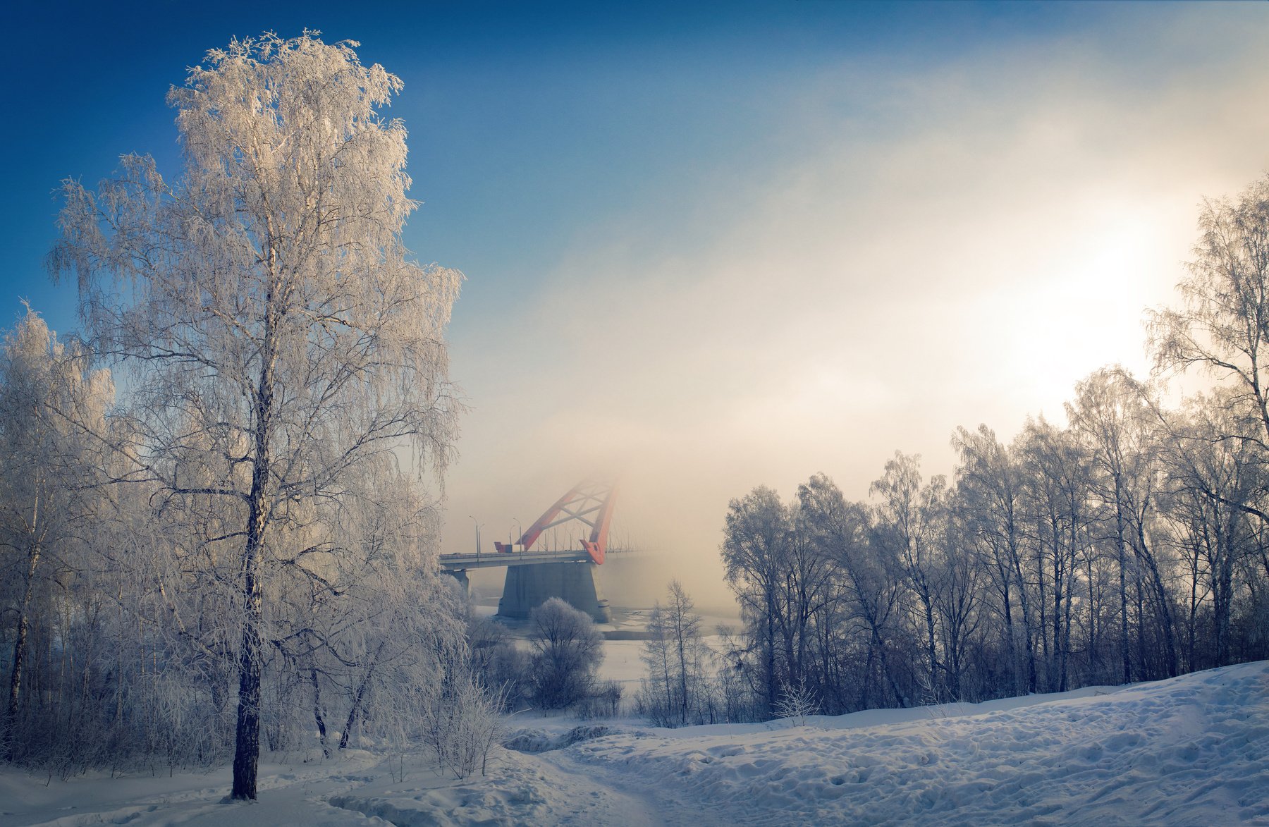 снег, туман, мост, деревья,, Георгий Муравьёв
