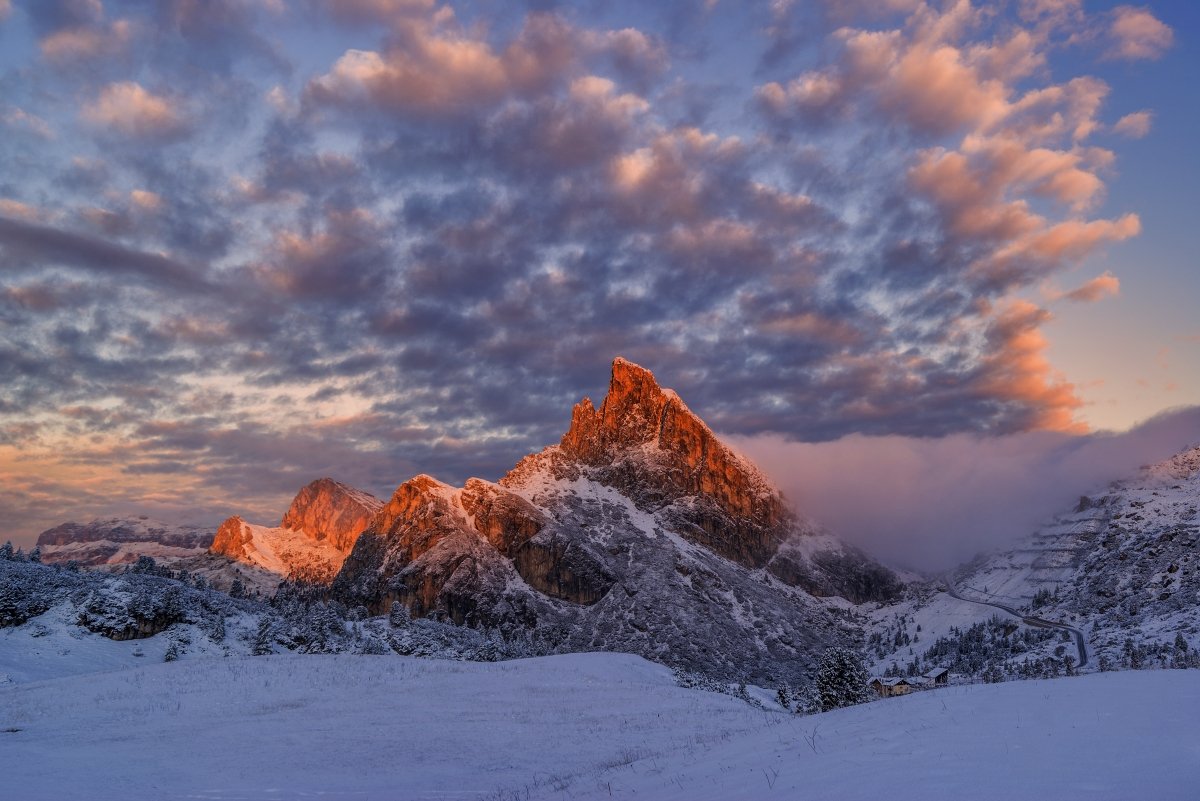 Italy, Dolomites, South Tyrol, mountains, clouds, passo Falzarego, snow, frost, Tomas Morkes