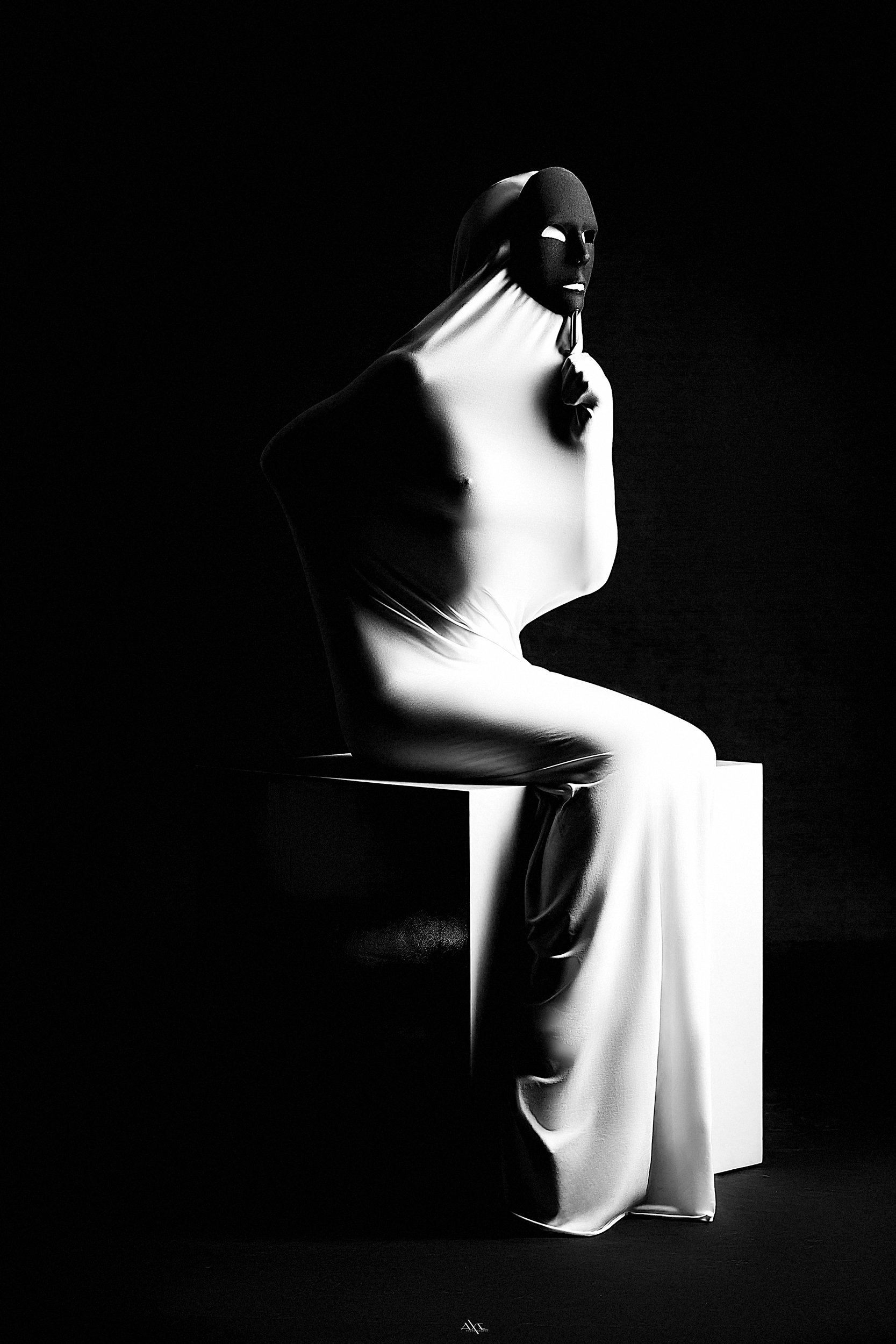 woman, portrait, black and white, mask, cube, Руслан Болгов (Axe)