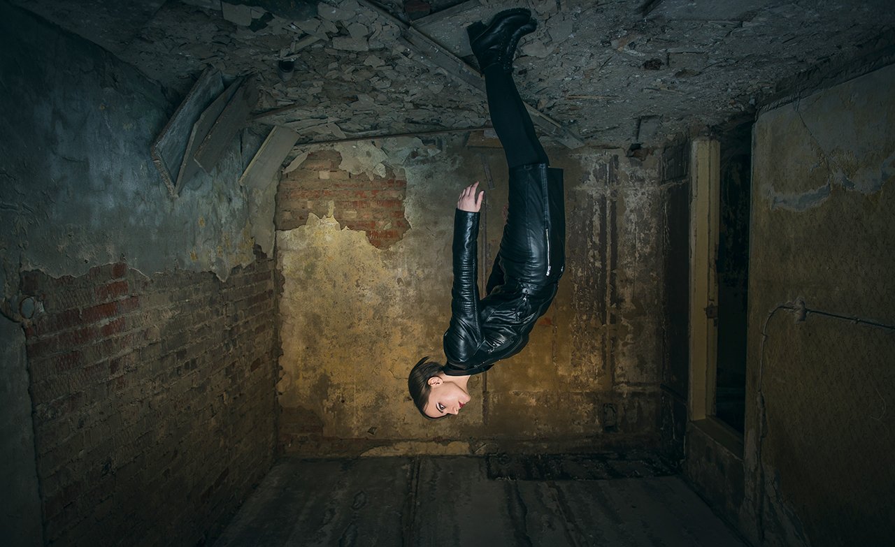 Girl, short hair, beauty, black, jacket, abandoned buildings, upside down, bricks, wall, garbage,, vadim