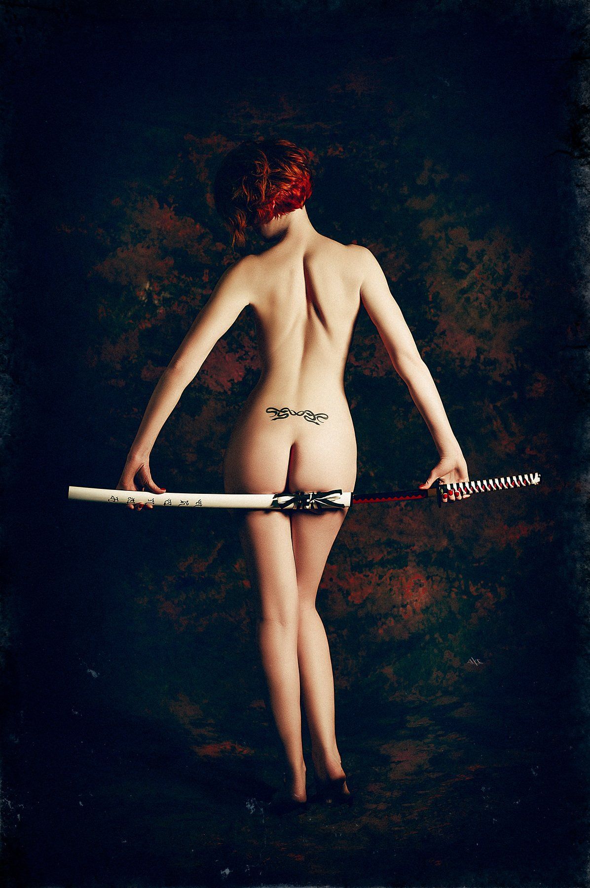woman, redhead, tattoo, samurai, katana, nude, studio, light, Руслан Болгов (Axe)