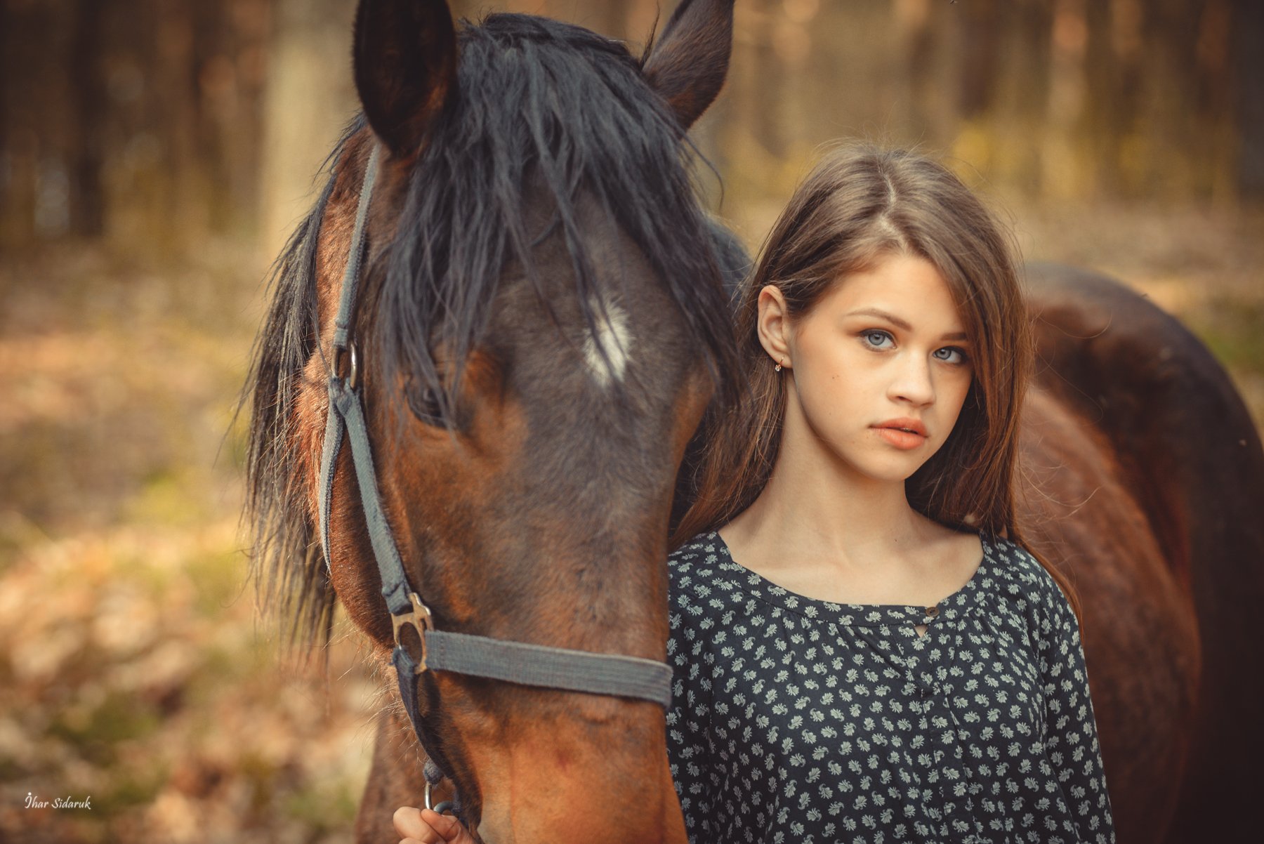 девушка, лошадь, лес, желтый, солнечный, грива, прическа, взгляд, вырез, платье, листья, трава, конь, животное, Игорь Сидорук