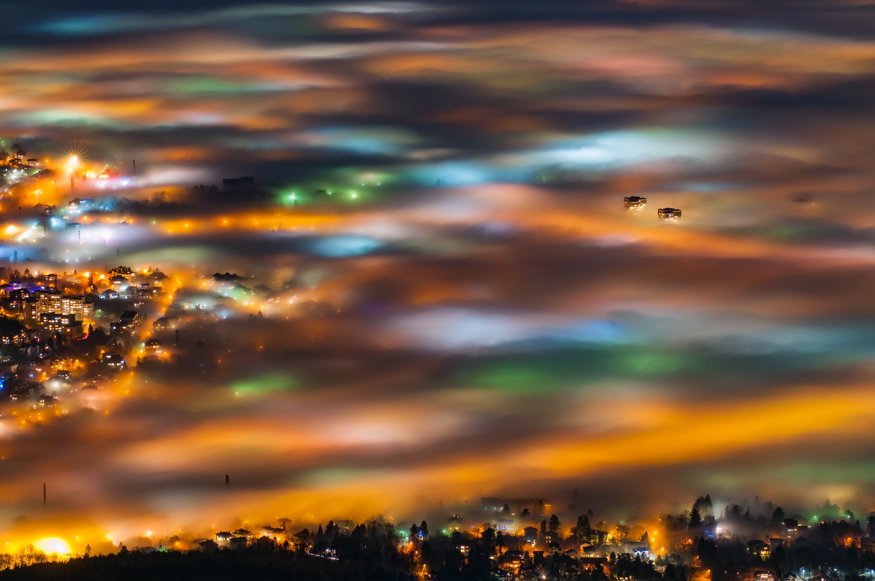 night, fog, foggy, landscape, city, light, Иван Димитров