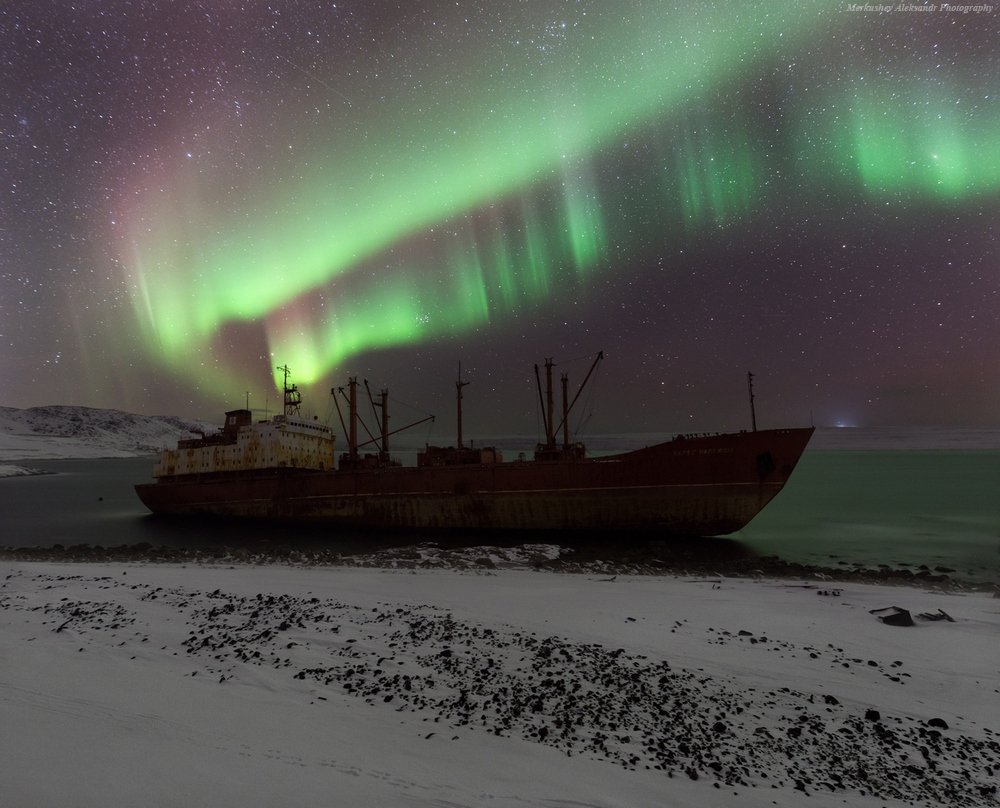 полярное сияние, север, побережье, баренцево море, aurora borealis, заполярье, Меркушев Александр