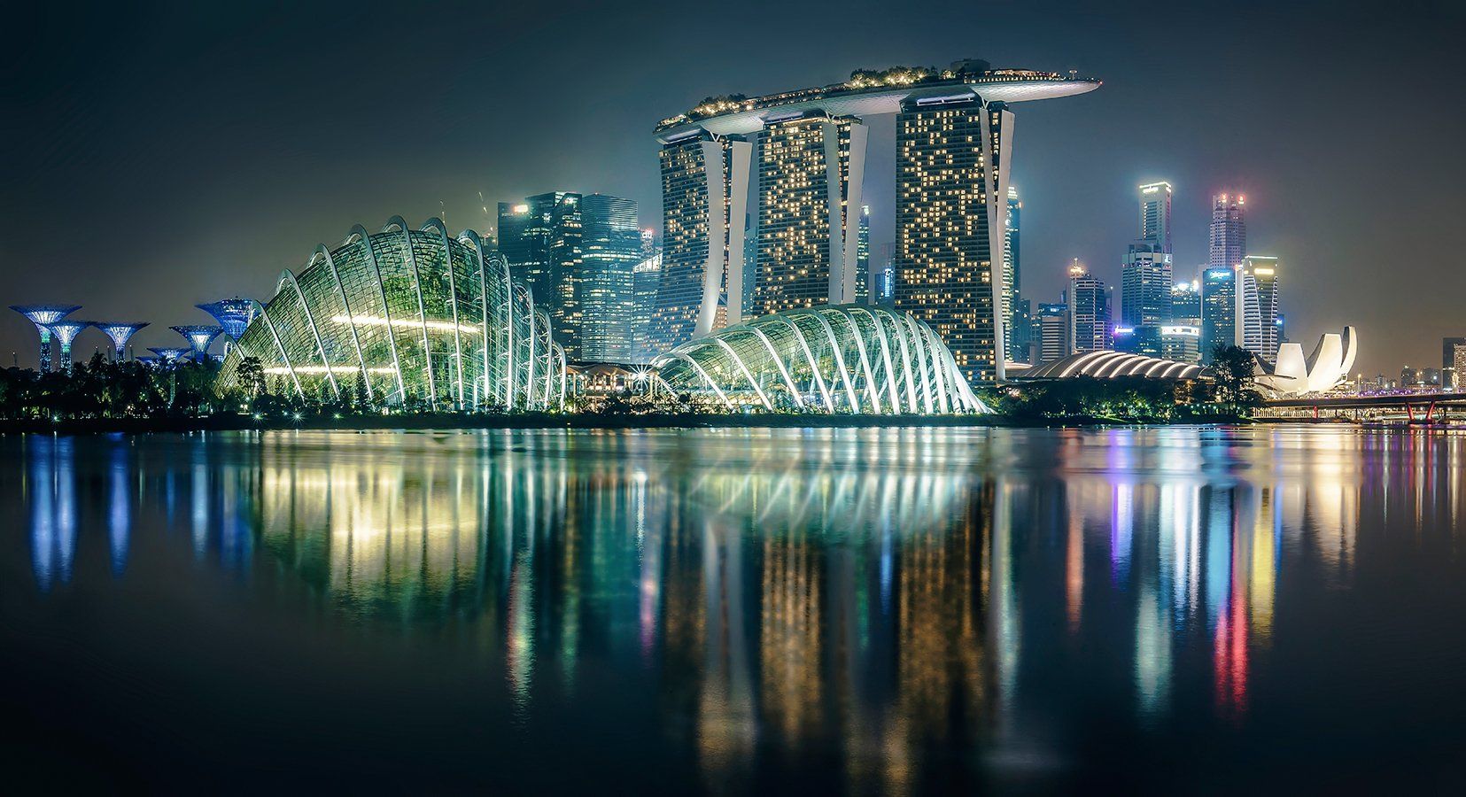 сингапур, город, ночь, вода, отражение, небоскребы, Алексей Ермаков