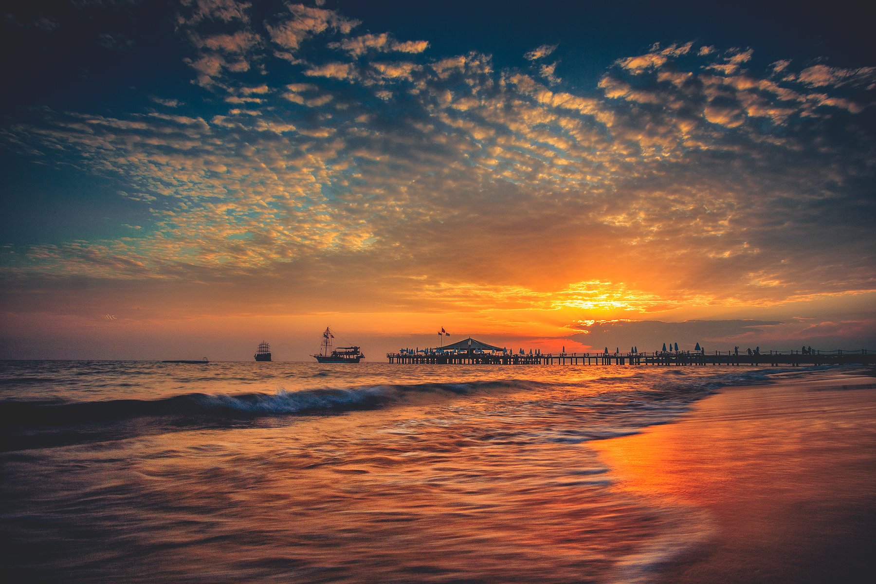 sunset, colors, pier, summer, turkey, side, boats, wave, sea, Руслан Болгов (Axe)