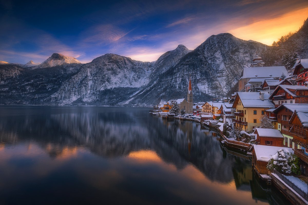 hallstatt austria sunset landscape cityscape winter snow , Roberto Pavic