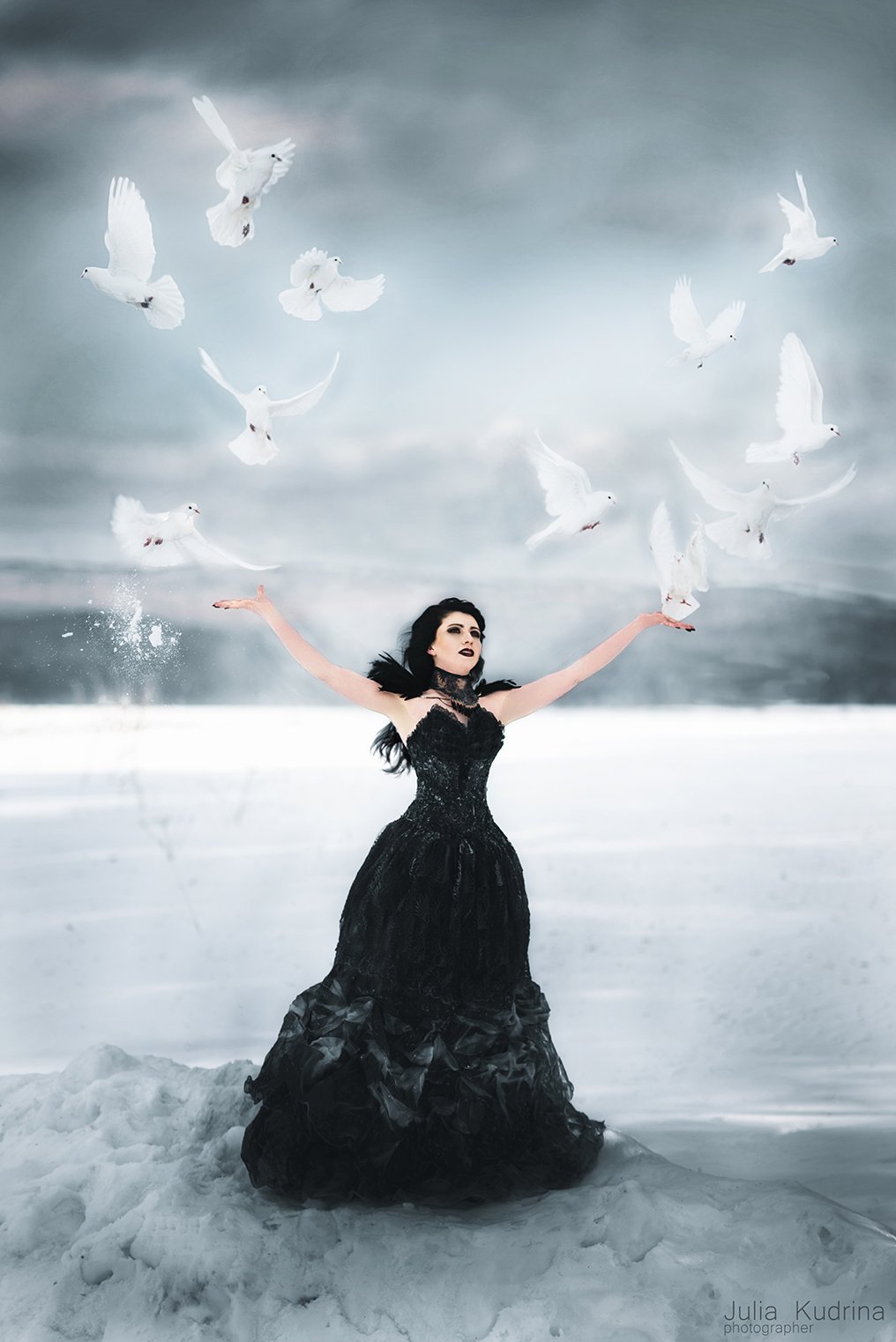 голуби белые голуби птицы зима девушка черное платье сказка, Юлия Кудрина