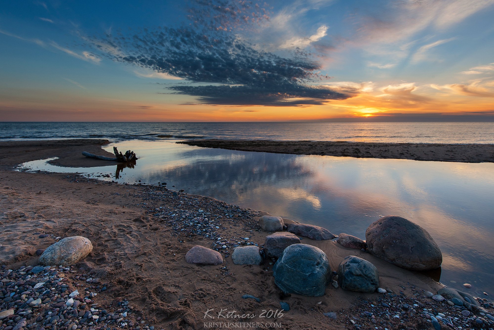sea river seascape water sky clouds stone reflection sunset evening latvia, Kristaps Kitners