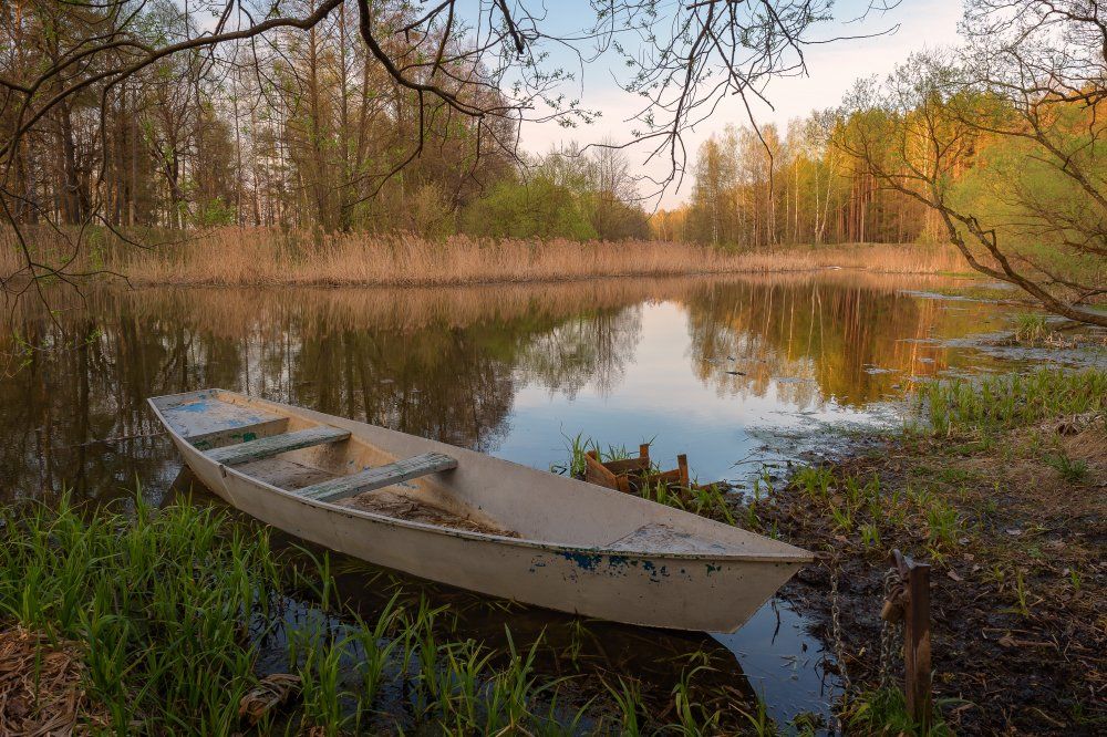 пейзаж,природа,лодка,умиротворение,лес,отражение,красота,апрель,весна,отражение, Юлия Лаптева