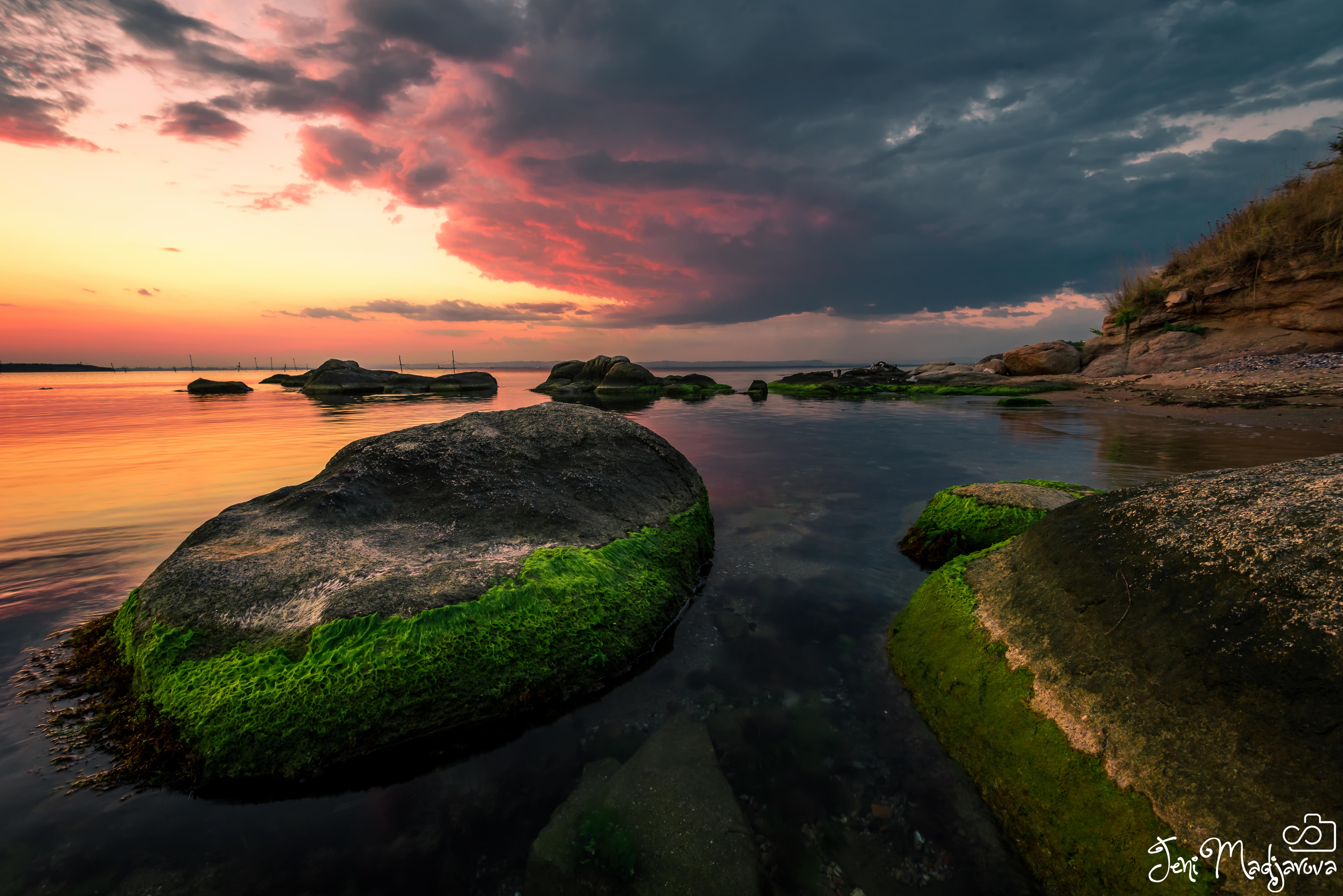 sunset, nature, landscape, sea, rock, sky, clouds, Jeni Madjarova