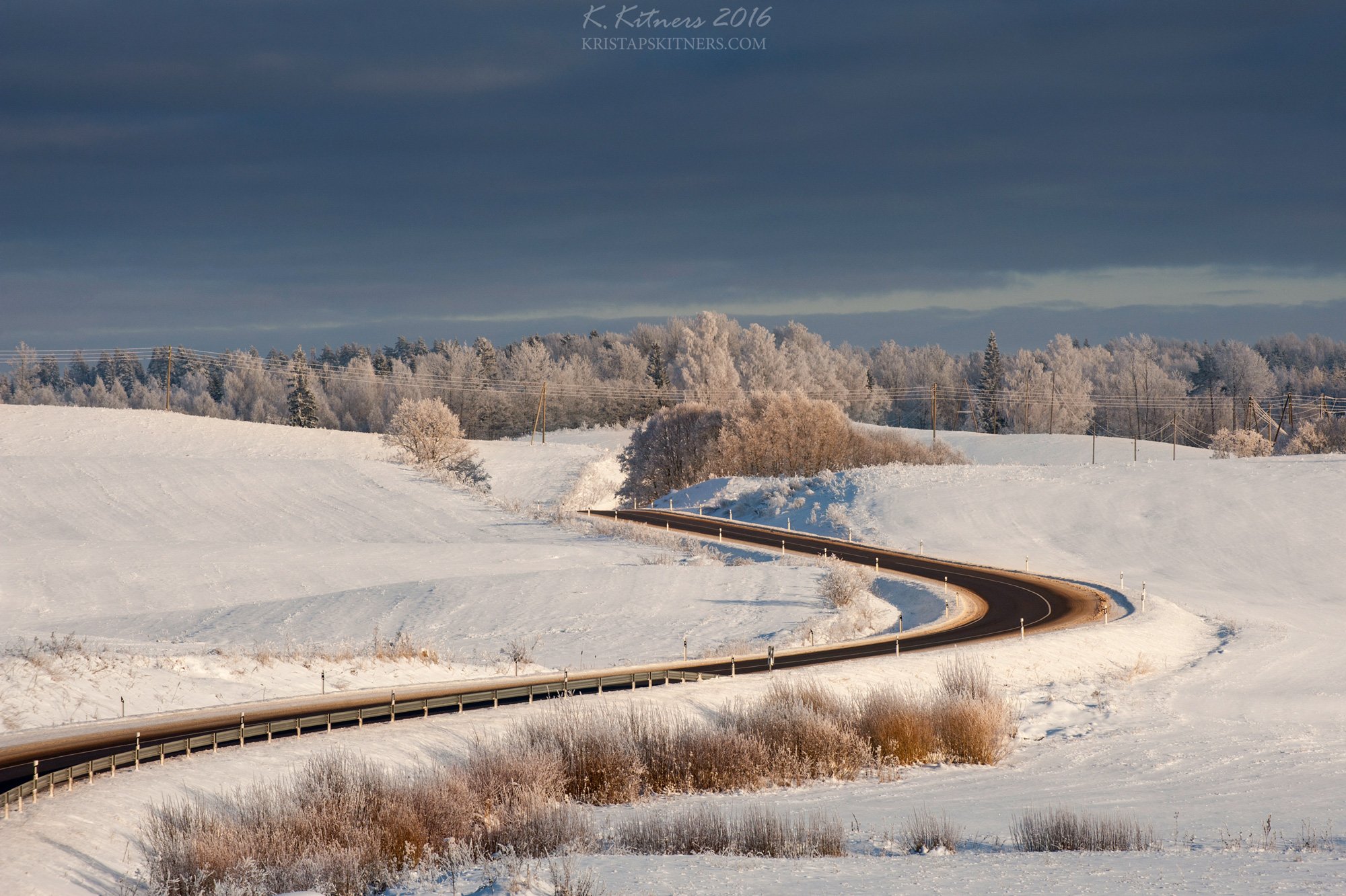 snow way road tree forest white winter sky clouds latvia landscape field sign, Kristaps Kitners