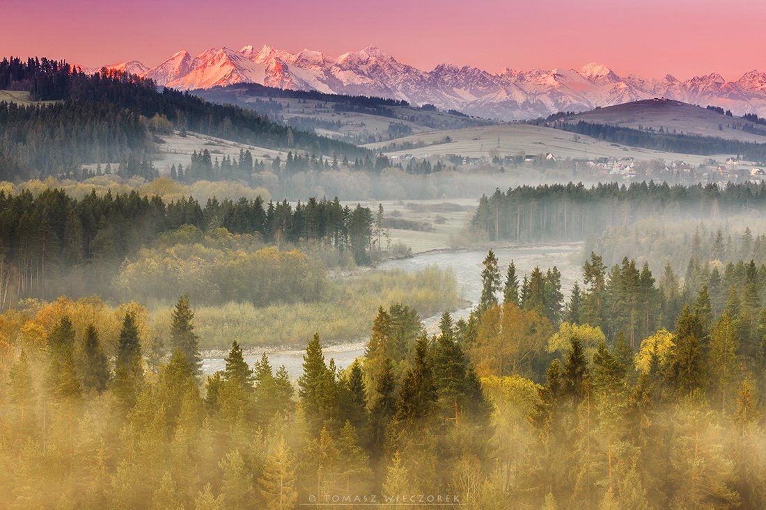 sunrise, spring, river, fog, mist, poland, tatras, tatry, mountains, colours, light, peaks, morning, snow, Tomasz Wieczorek