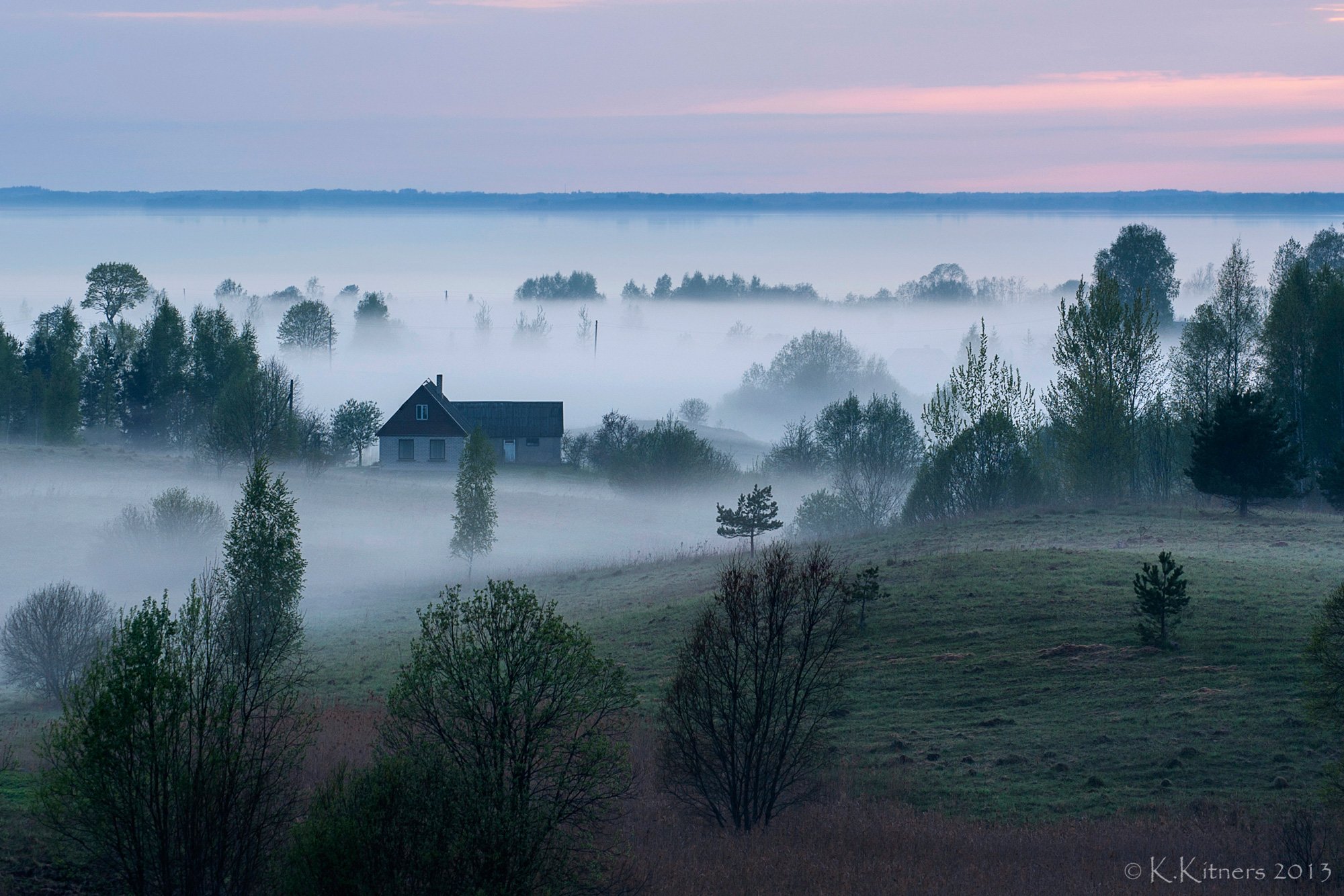 fog, house, tree, forest, lake, sky, evening, hill, field, grass, latvia, summer, Kristaps Kitners