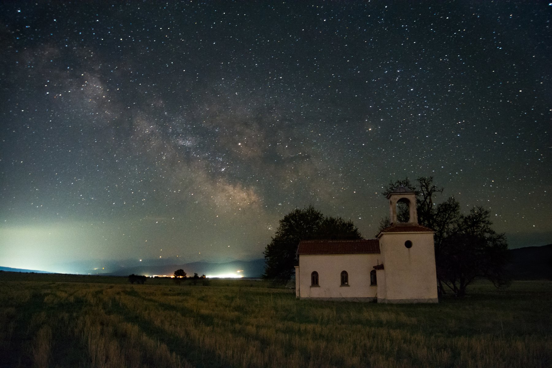 Milky Way, star, sky, landscape, church, tree, night, light, Иван Димитров