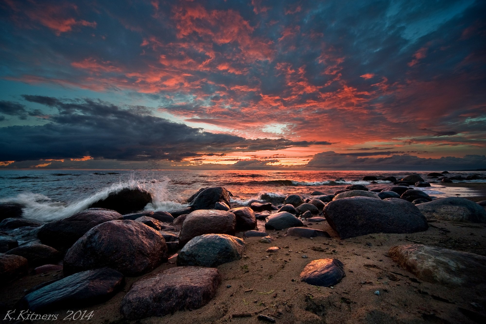 sea seascape water sky clouds stone reflection sunset evening latvia, Kristaps Kitners