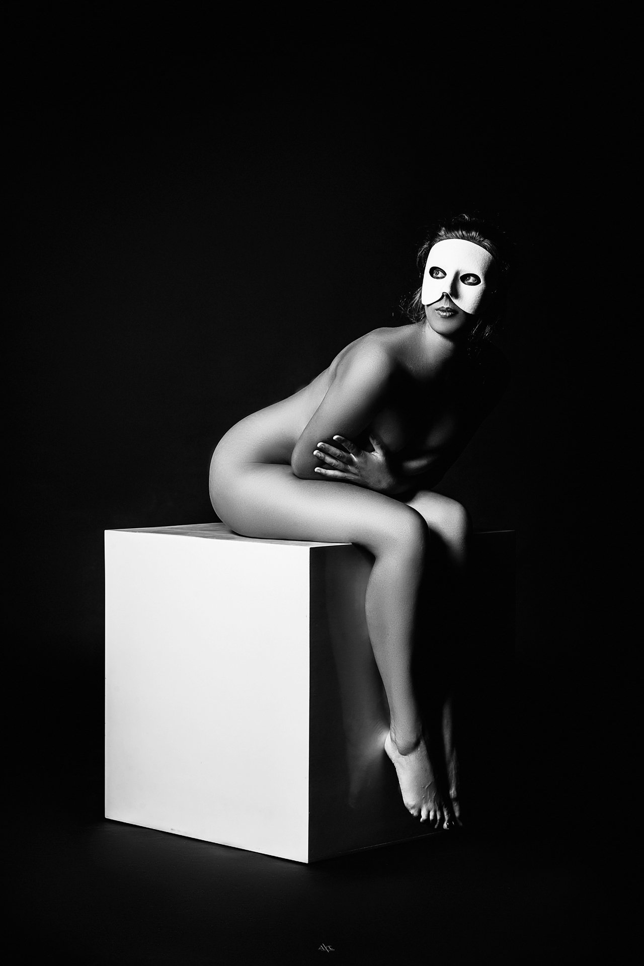 woman, nude, studio, cube, mask, light, black and white, Руслан Болгов (Axe)