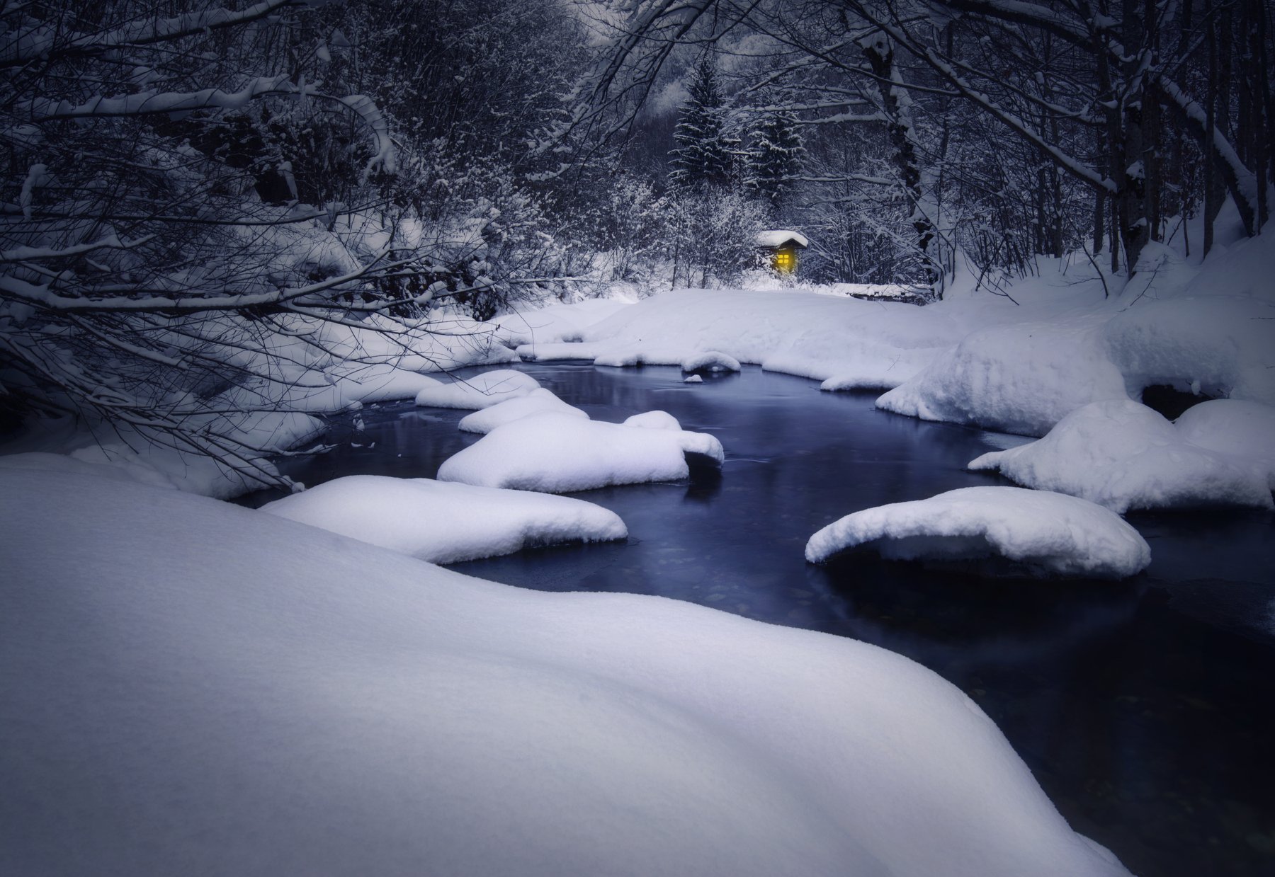 landscape, nature, snow, river, hut, пейзаж, природа, Genadi Dochev