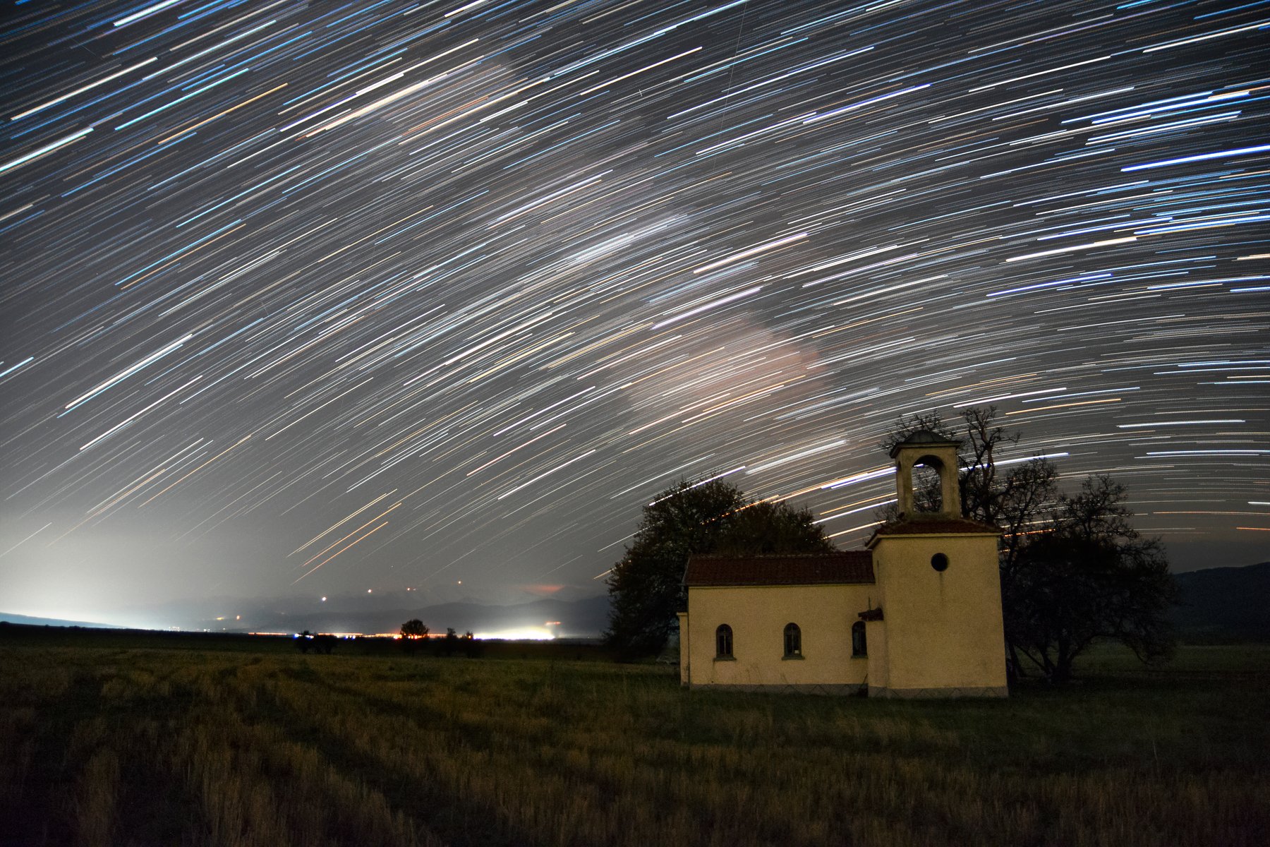 sky, stars, trails, nature, landscape, night, light, Church, Иван Димитров