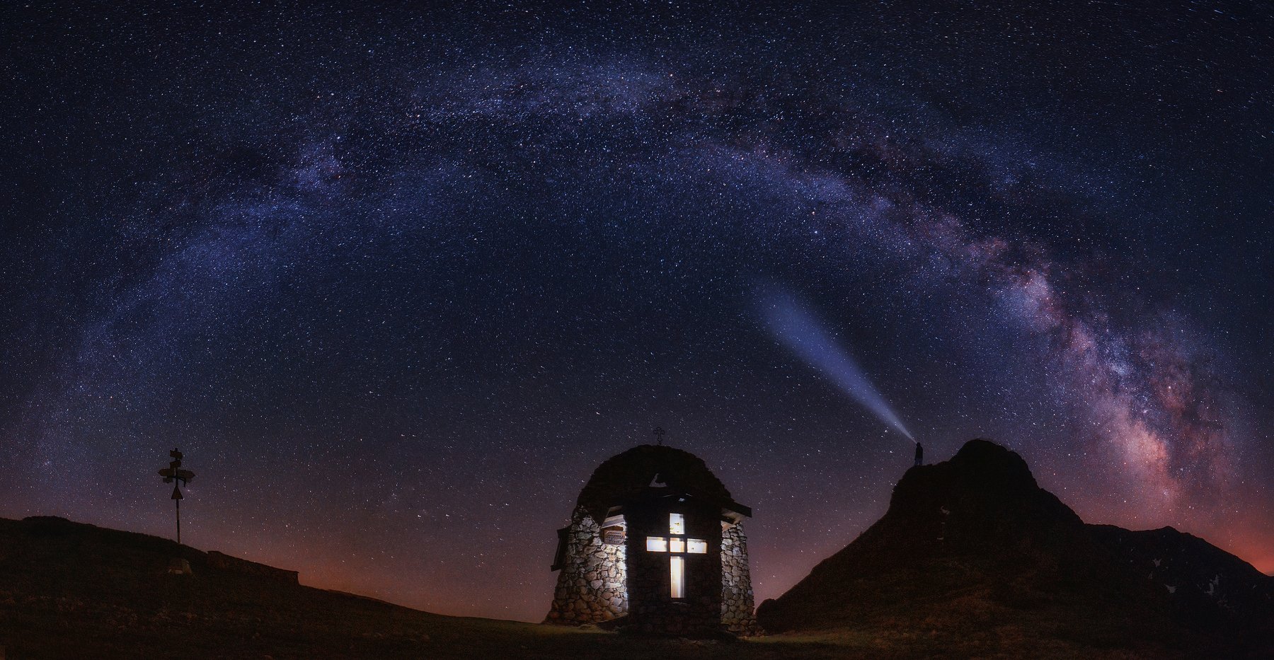landscape, milky way, stars, chapel, cross, light, mountain, nightscape, astrophotography, night photography, Genadi Dochev