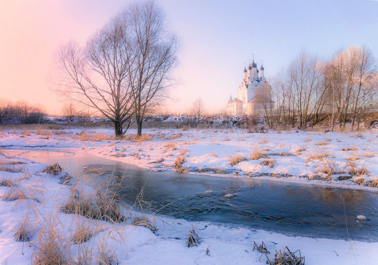 река, храм, вечер, зима, Виктор Климкин