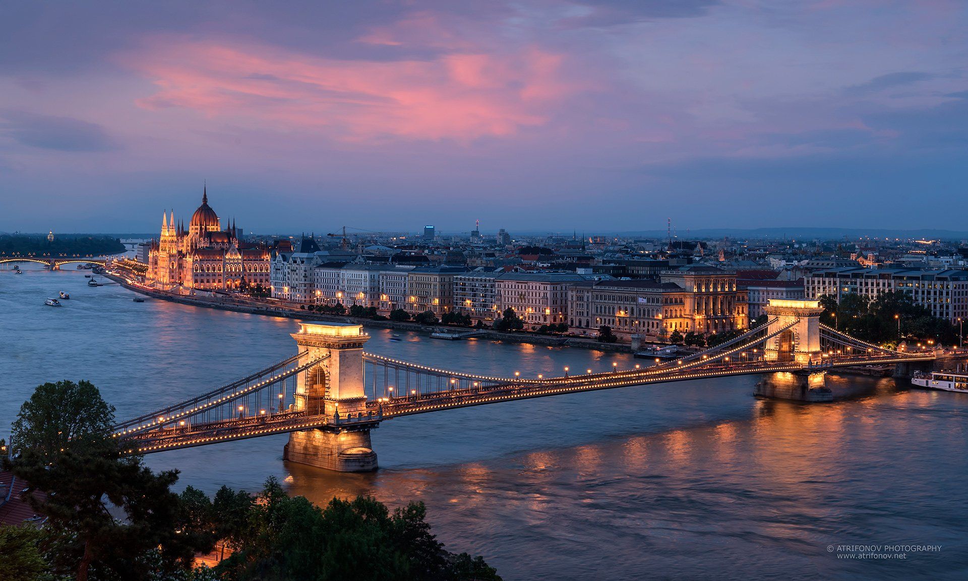 Budapest, Szechenyi, chain bridge, Parliament, Hungary, Danube, river, cityscape, sunset, Andrey Trifonov