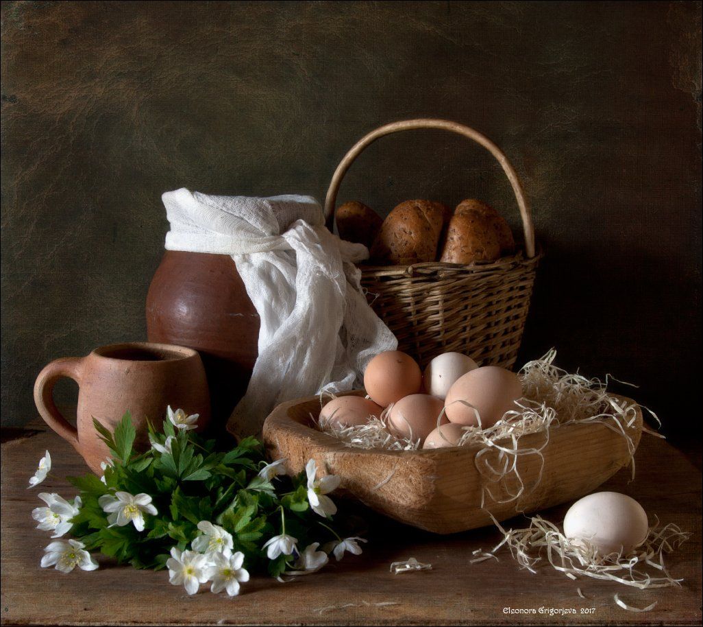 яйца, деревня, молоко, глечик, анемоны, ветреница, весна, кружка, корзина, хлеб, натюрморт, Eleonora Grigorjeva
