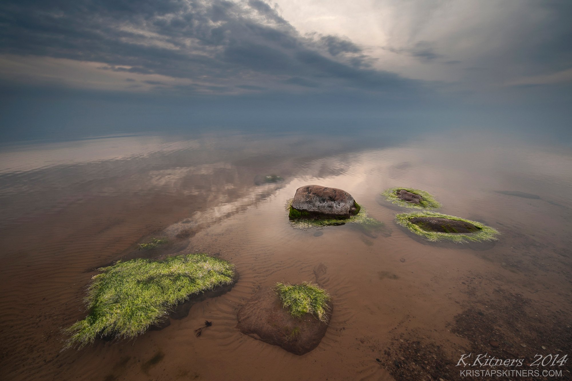 sea seascape water grass fog sky clouds stone reflection sunset evening latvia, Kristaps Kitners