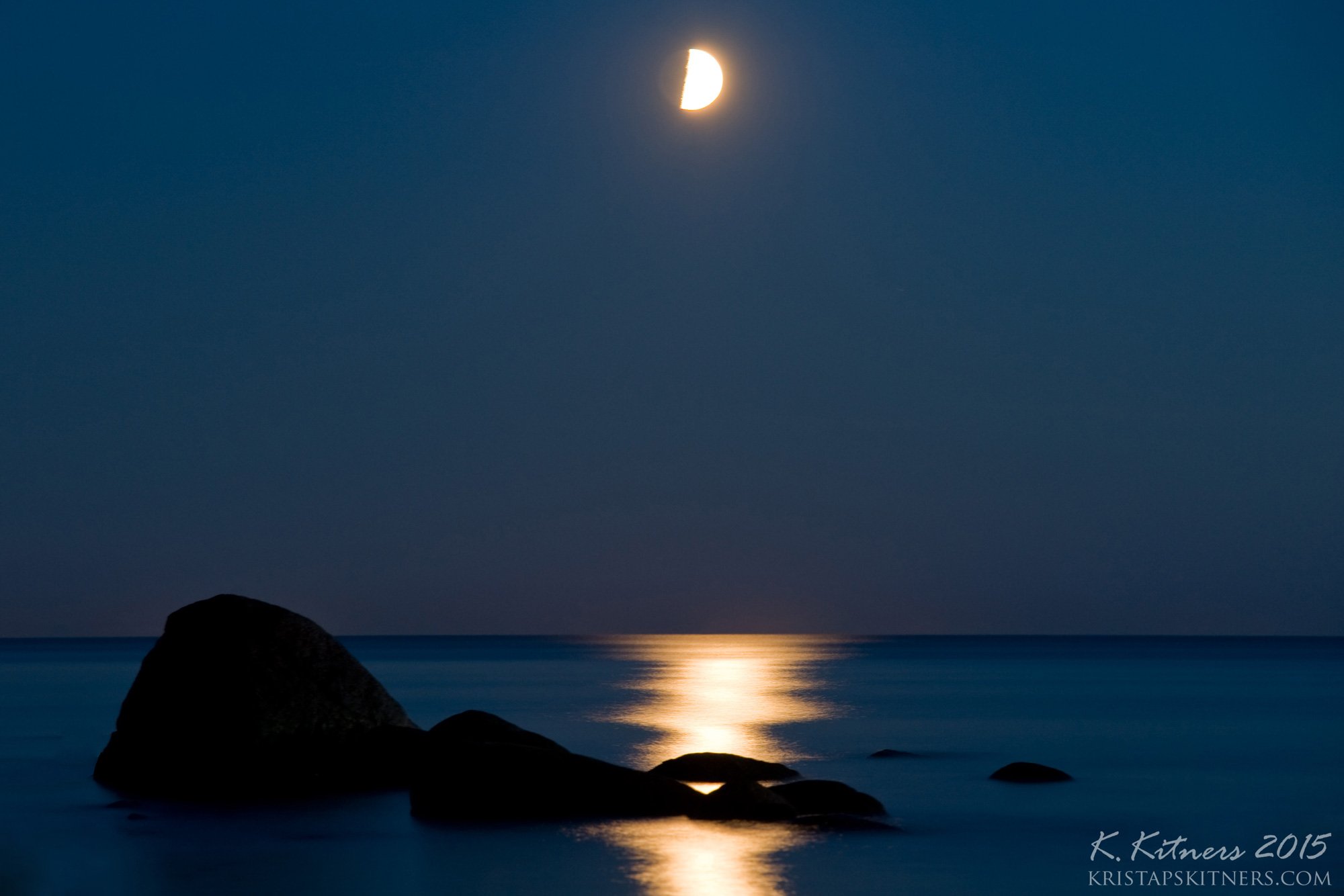 sea water moon light track stone silhouette seascape night, Kristaps Kitners