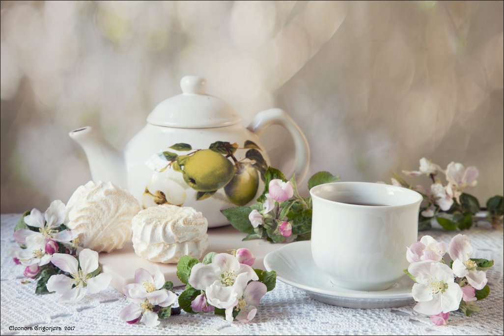 кофе, чай, зефир, яблоня, цветущая, белый, сладкий, натюрморт, Eleonora Grigorjeva