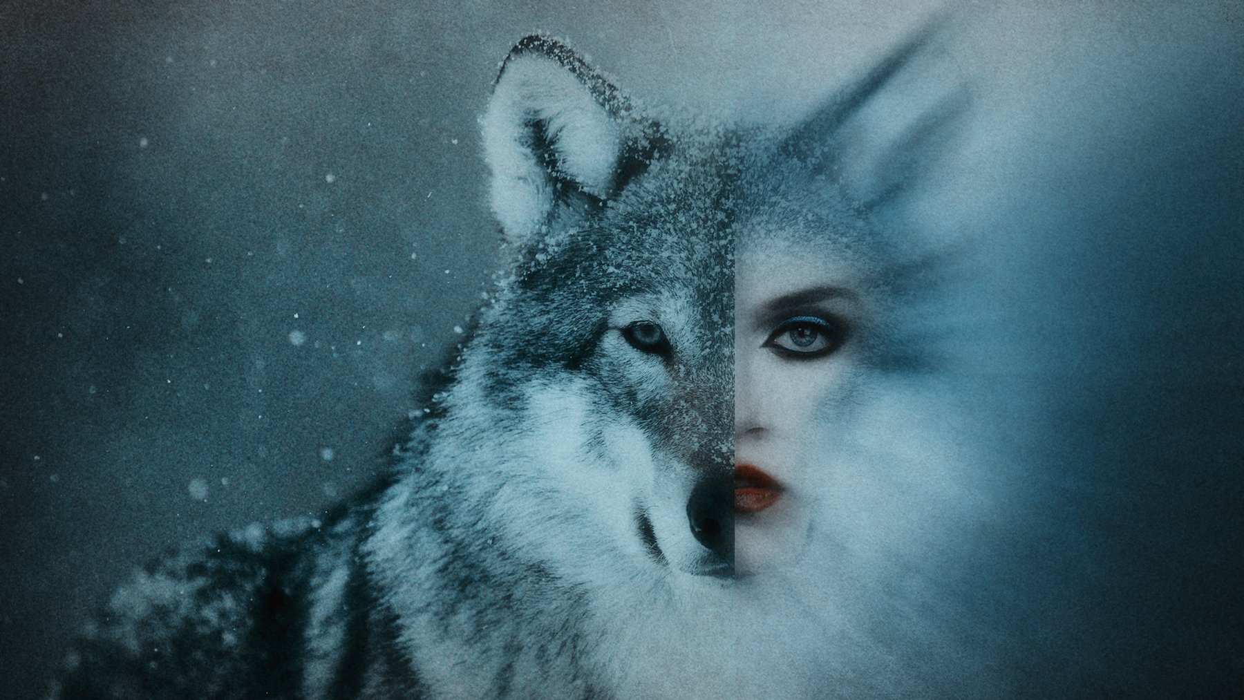 девушка, волк, волчица, снег, половина, Юрий Солотин