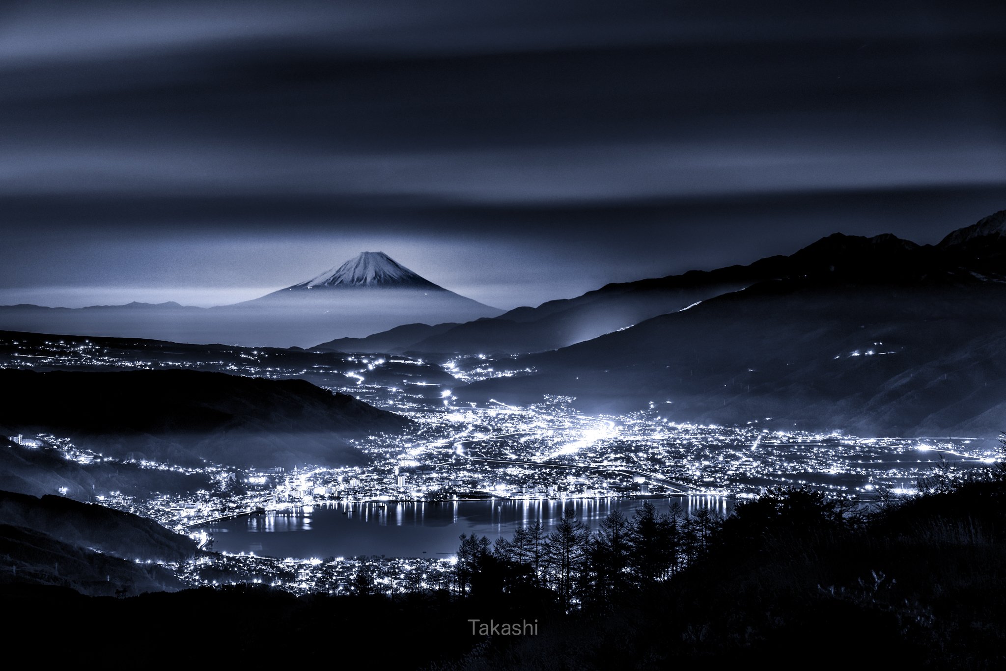 fuji,mountain,Japan,night,lights,clouds,lake,water,, Takashi