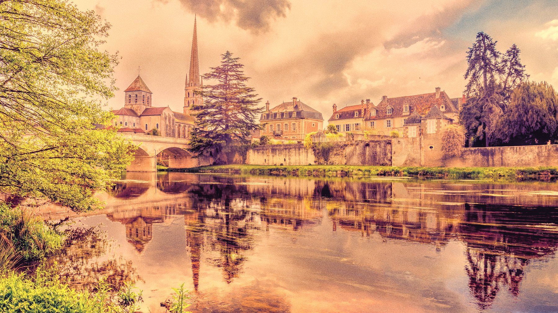 сен-савен, saint-savin, сен-савен-сюр-гартамп, saint-savin-sur-gartempe, france, sunset sky, river, bridge, гартамп,, Виктор Голобородько