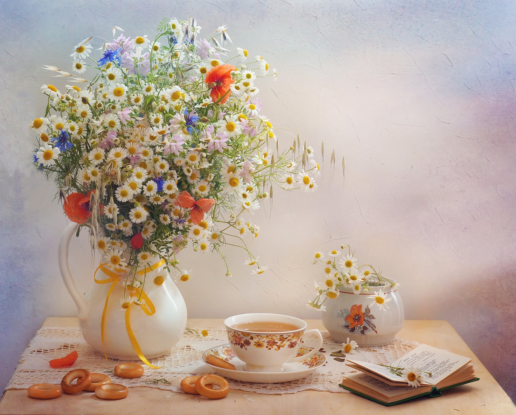 цветы, лето, букет, еда,ромашки, утро, чай, Айснер Юлия