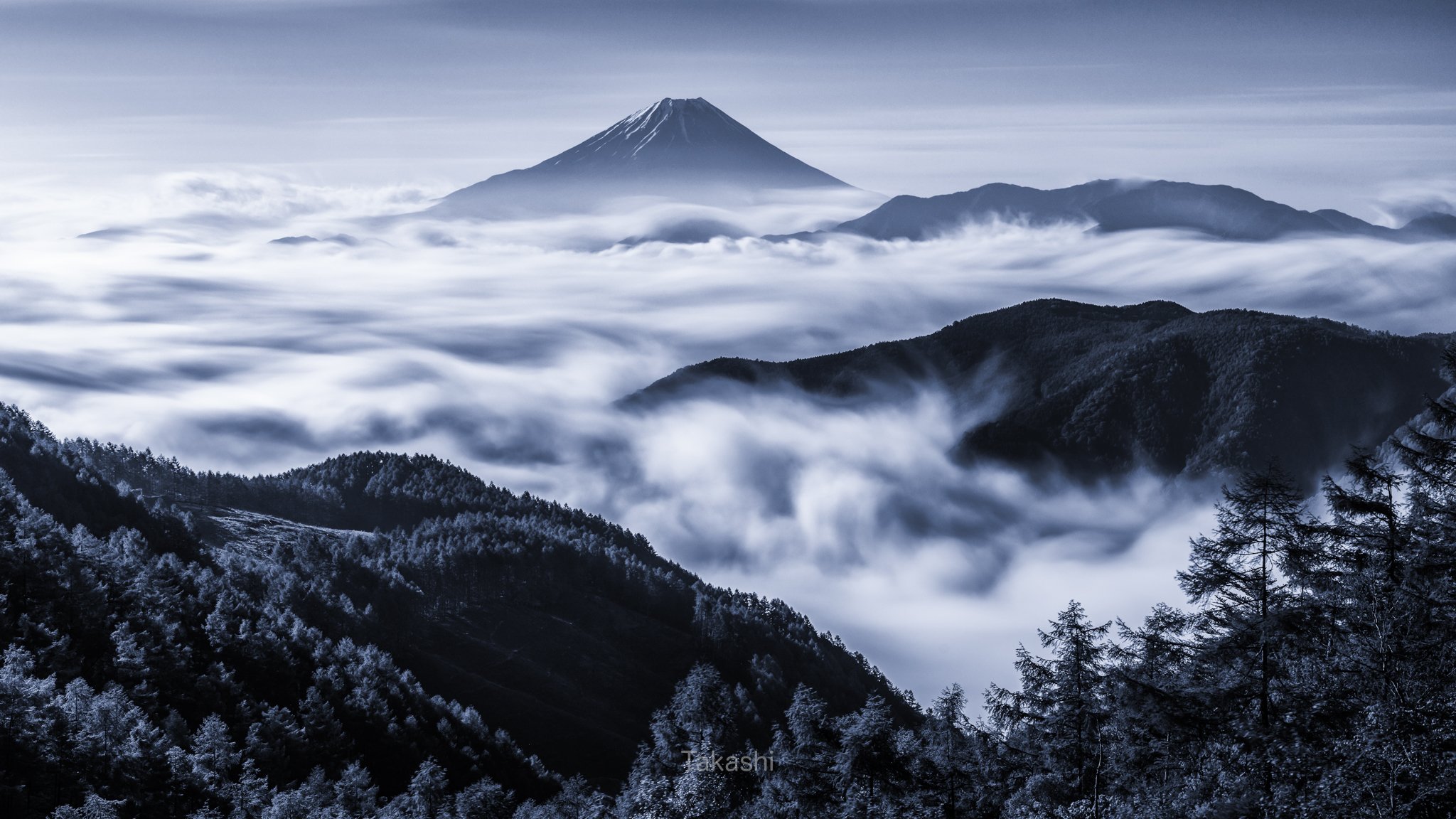 Fuji,mountain,clouds,Japan,trees,sky,sea of clouds,amazing,beautiful,blue, Takashi