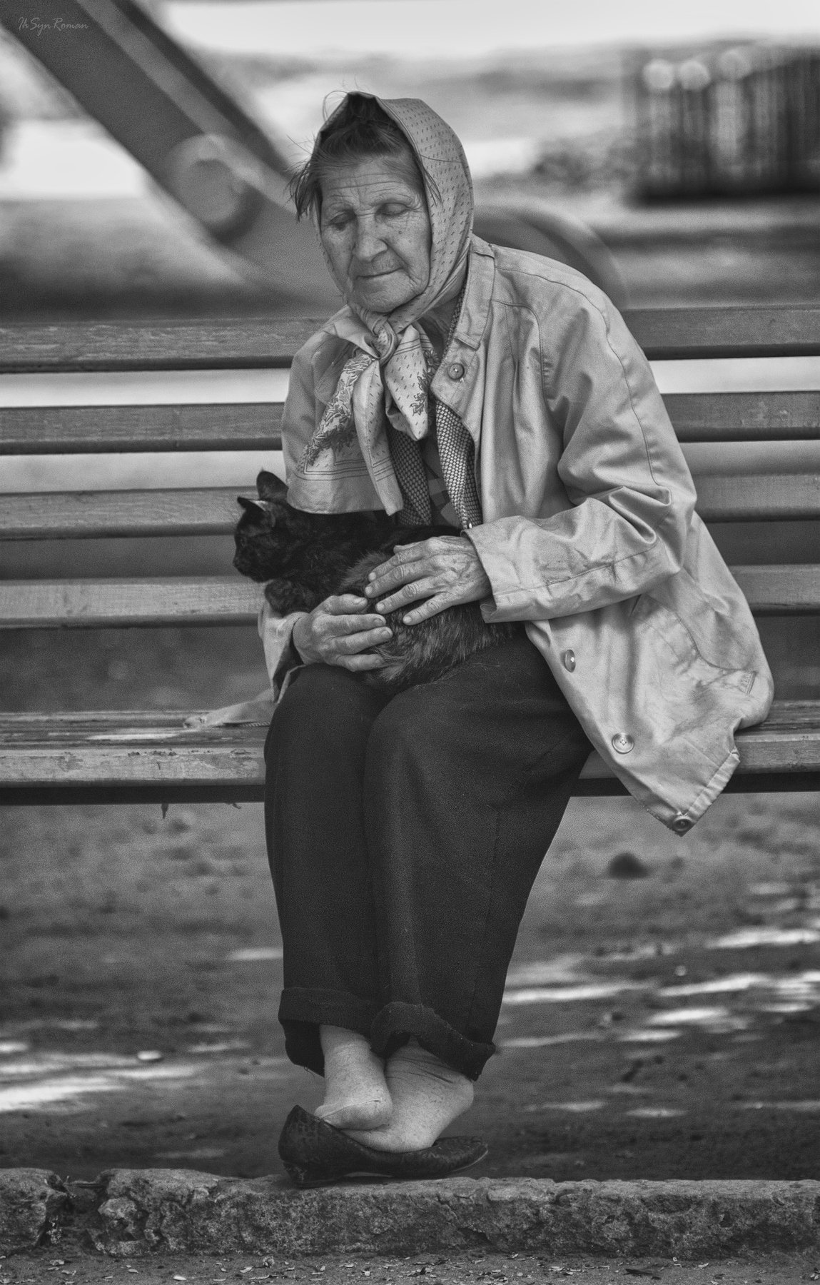 женщина, кошка, улица,  скамейка, лавочка, отдых, Roma Krasov ( Chitinskiy )