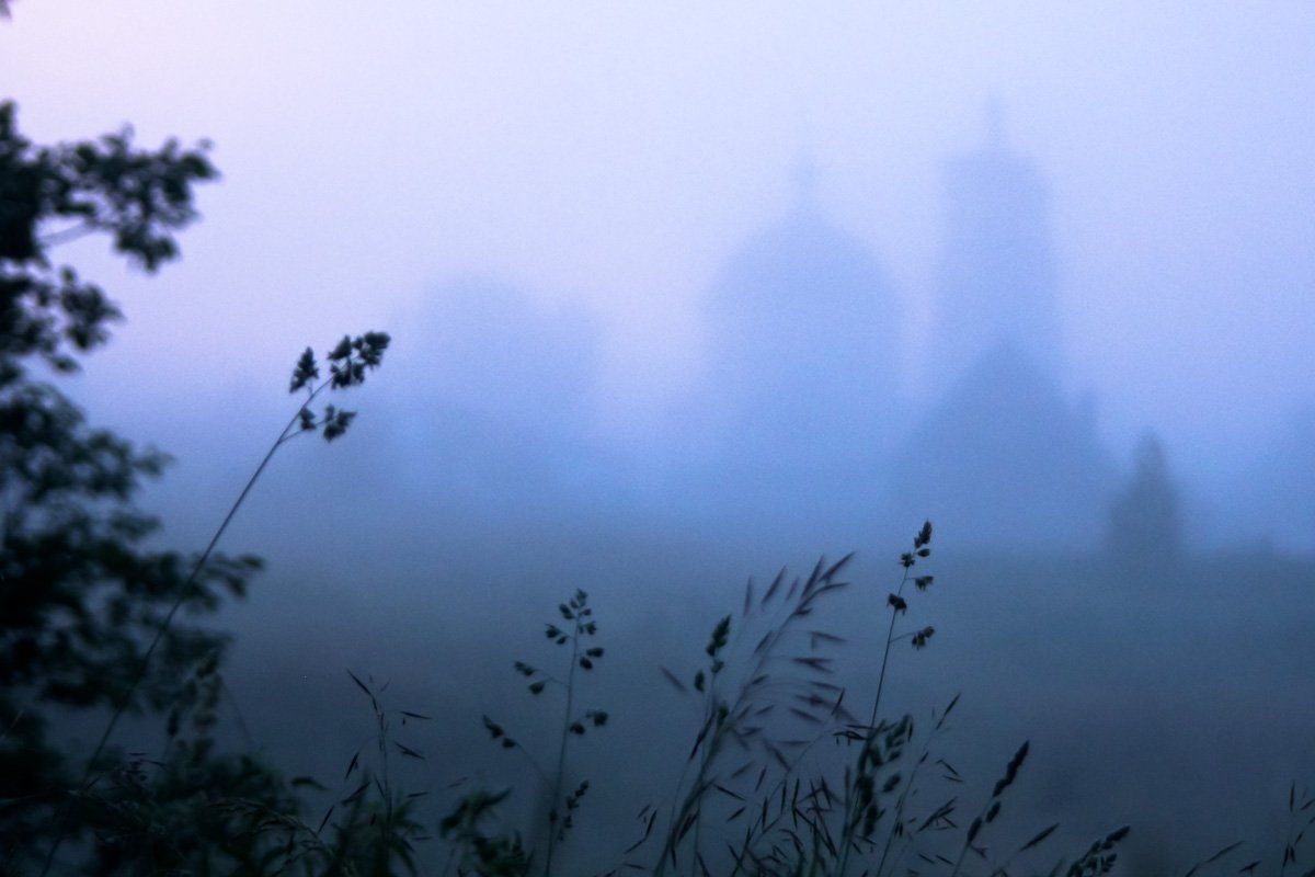 Тверская область, утро, туман, силуэт, трава, церковь, Сергей Козинцев