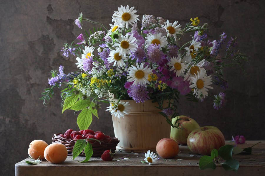 фрукты, малина, ромашки, цветы, Ulia Tellez