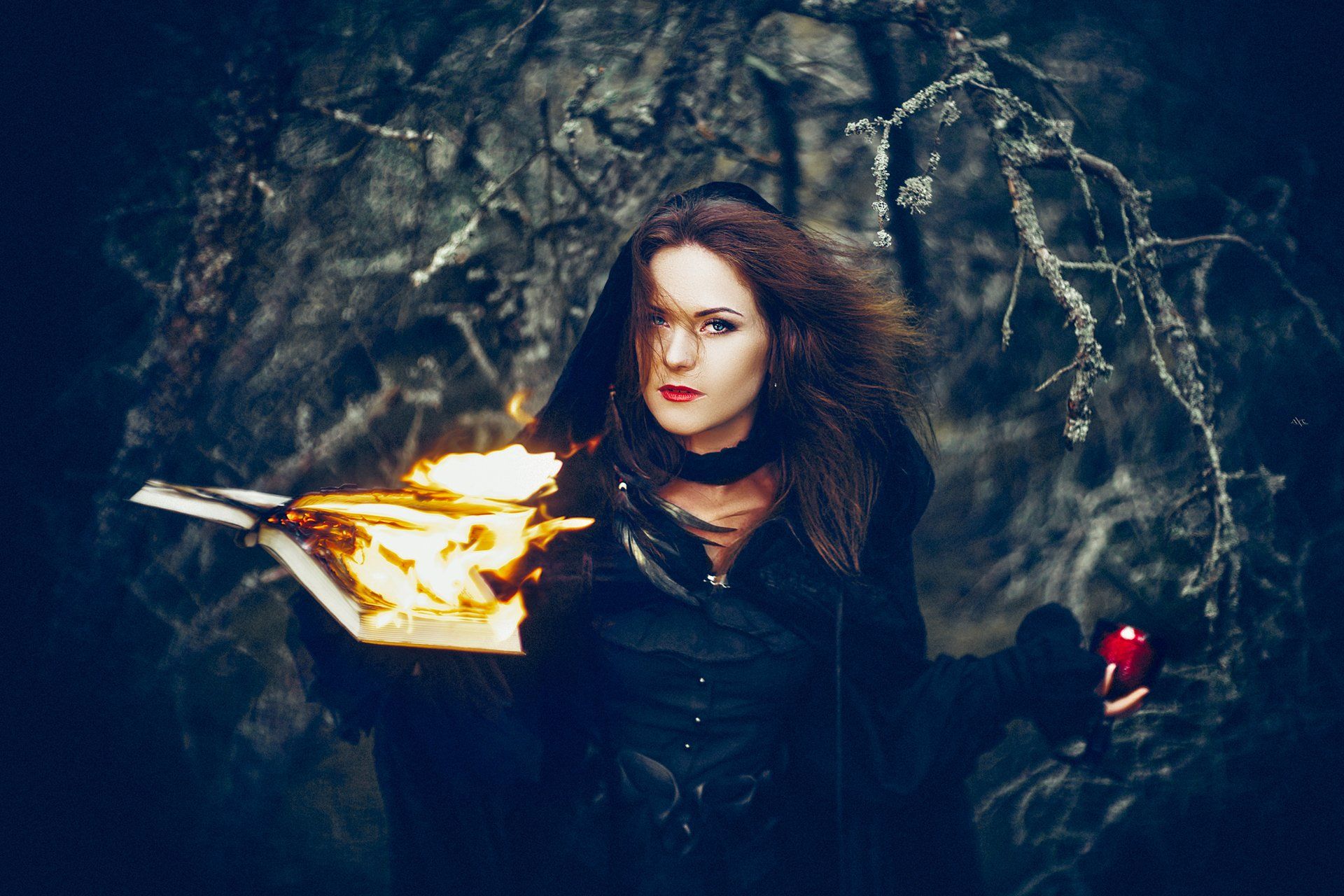 woman, portrait, natural light, witch, book, fire, Руслан Болгов (Axe)
