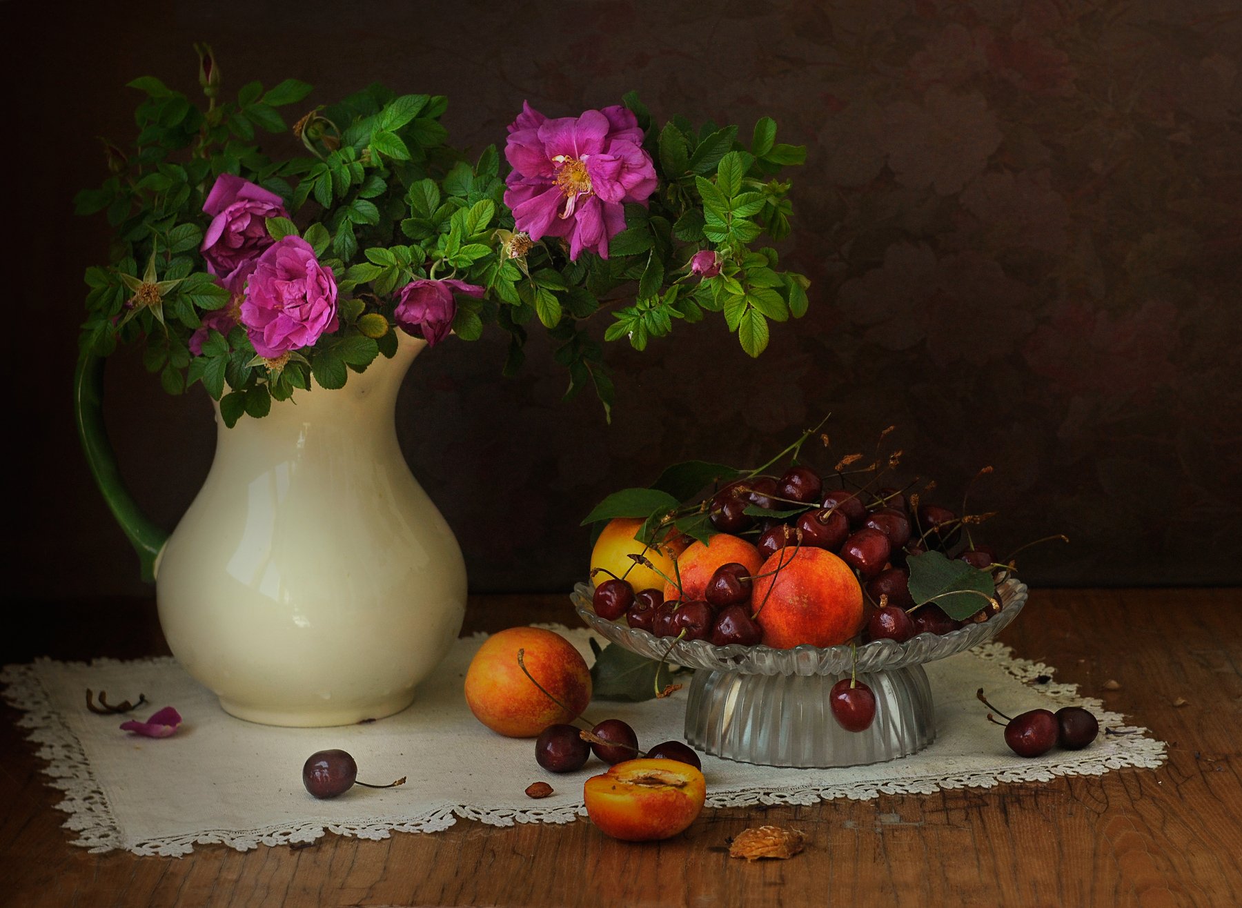 шиповник, фрукты, черешня, нектарины, кувшин, Elena Pankova