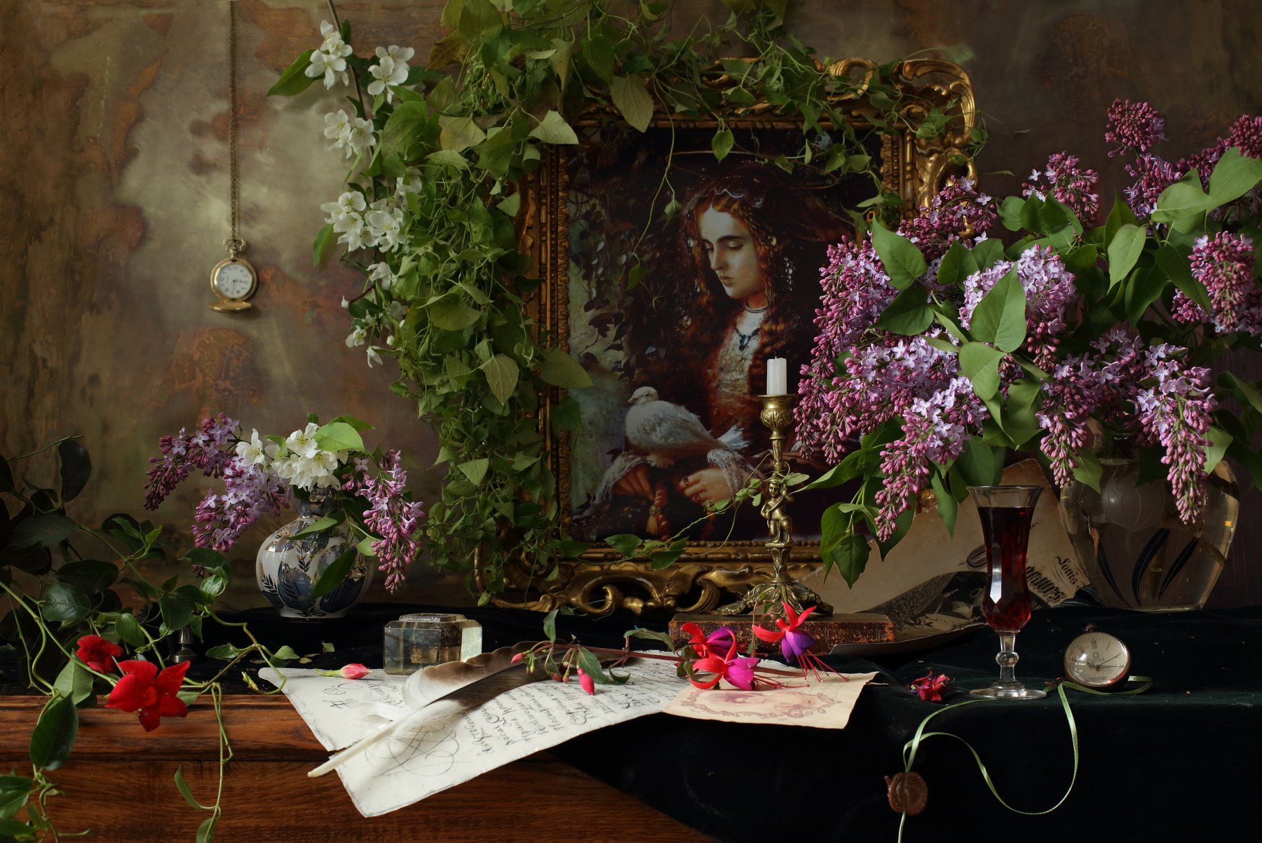 цветы, сирень, девушка, портрет, картина, свеча, Андрей Морозов