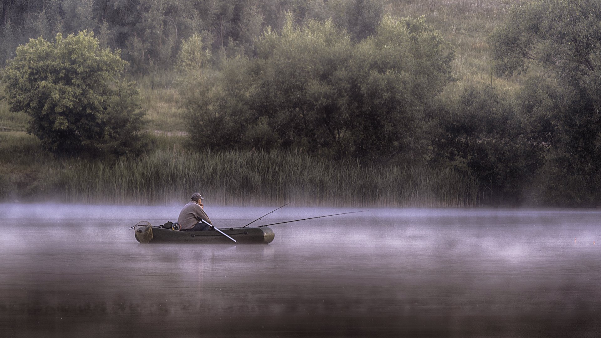рыбак дрозды утро рассвет лодка туман дымка, Попков Александр