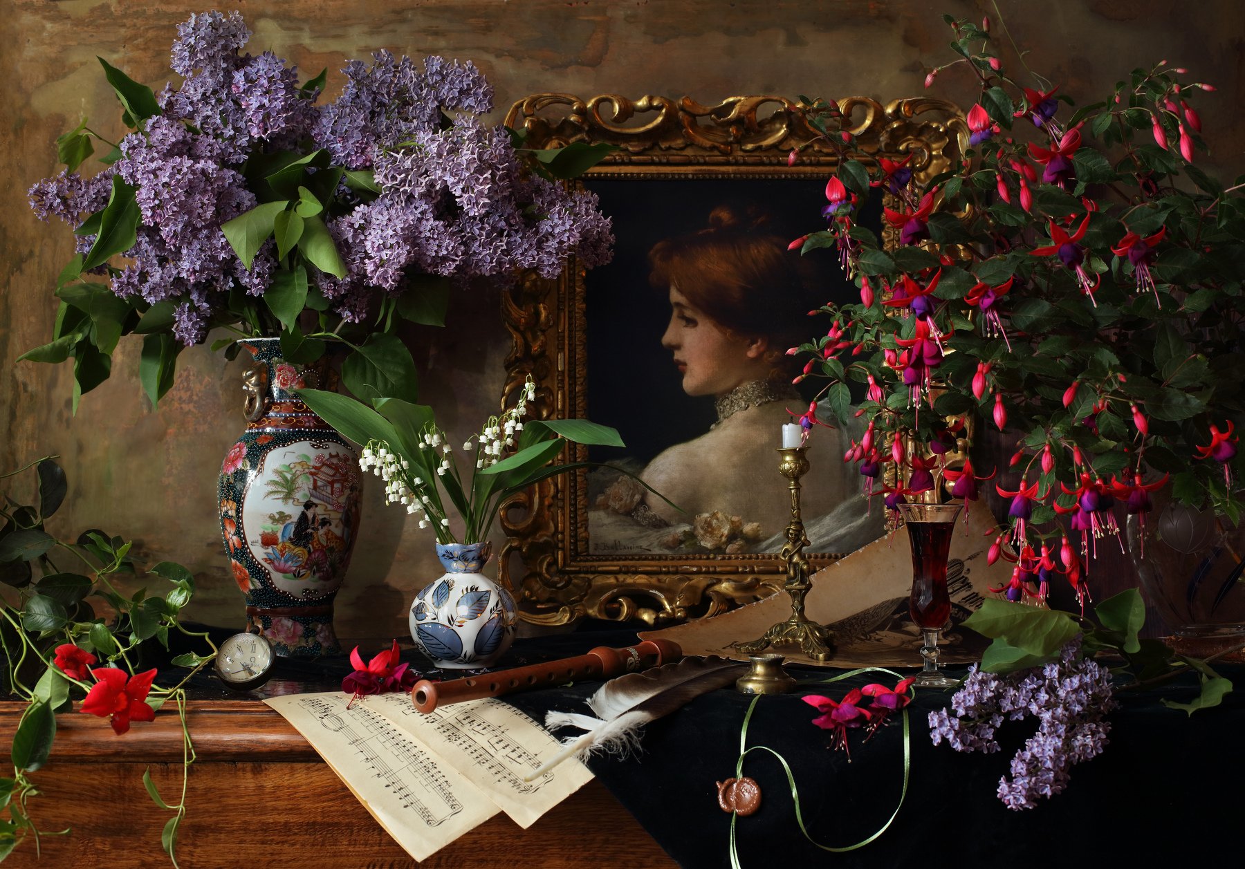 цветы, сирень, девушка, портрет, картина, свеча, Андрей Морозов